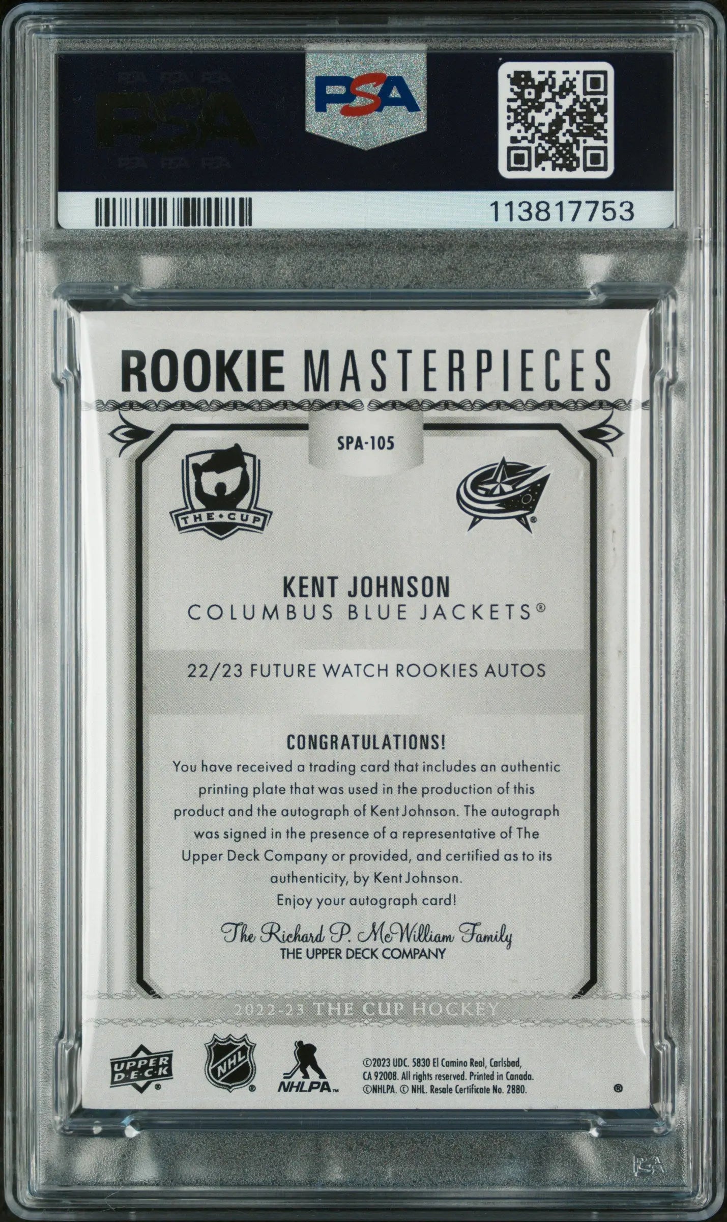 2022 UD The Cup Masterpiece Kent Johnson Rookie Card SPA Auto Yellow 1/1 PSA 8 - Rare Hockey Collectible for Display & Investment