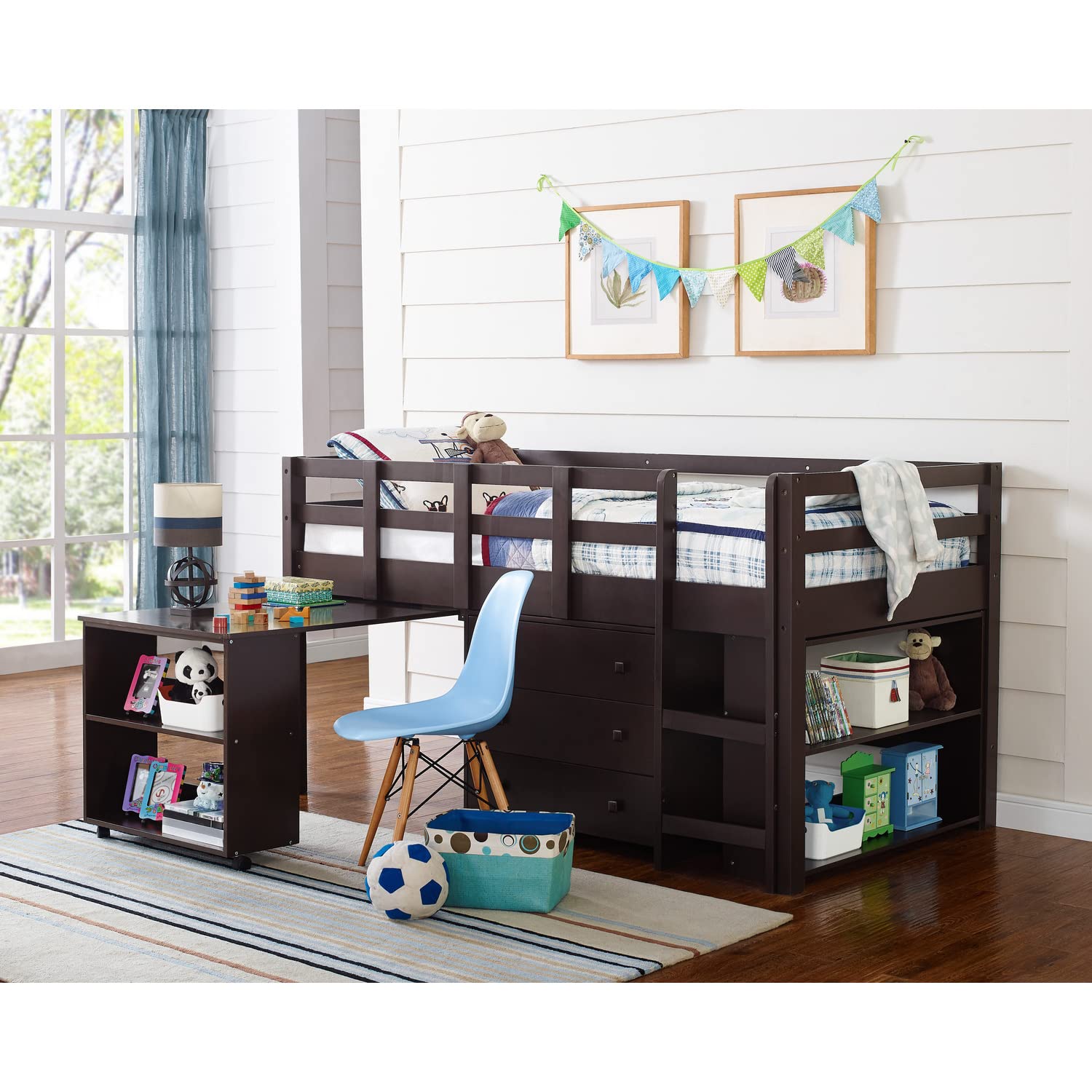 Naomi Home Twin Low Loft Bed with Built-in Study Desk for Kids - Space Saving Wooden Loft Bed with Storage, Espresso Finish - Perfect for Small Bedrooms, Dorm Rooms & Kids Study Areas