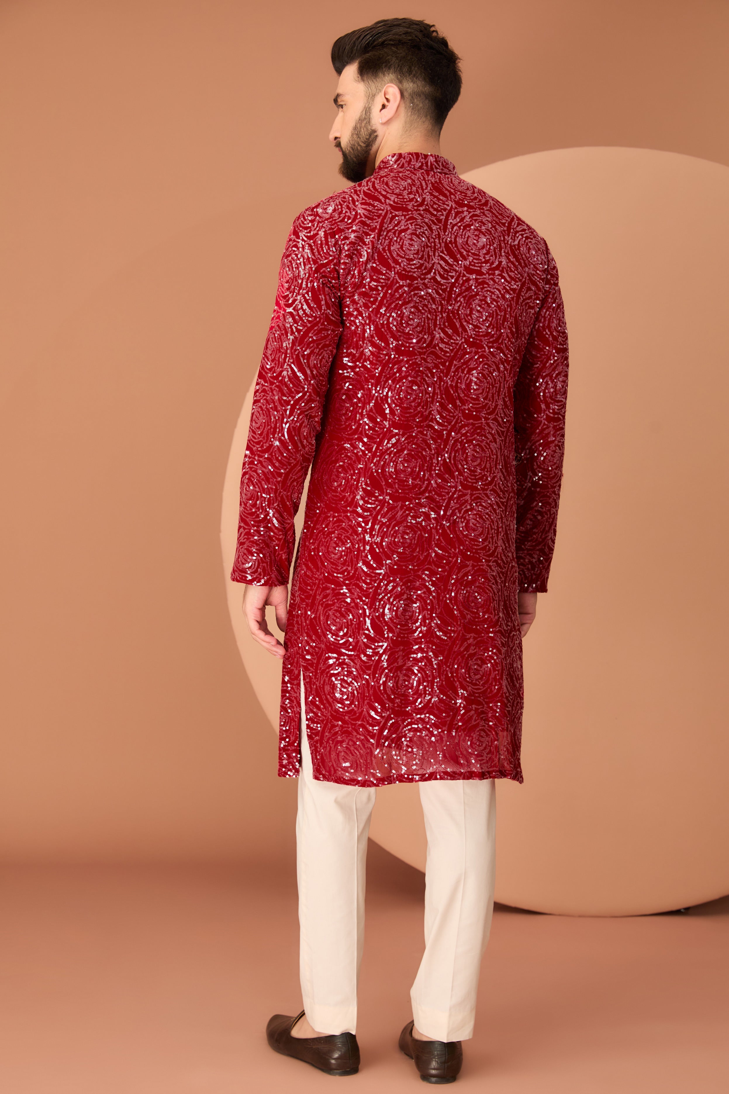 Elegant Red Fully Sequined Kurta with Floral Embroidery - Perfect for Festivals, Weddings, and Special Occasions