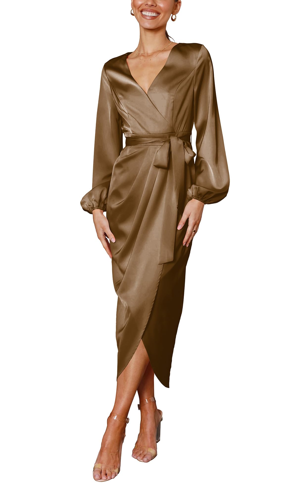 Elegant Women's Long Sleeve V-Neck Tie Waist Split Formal Cocktail Dress for Wedding Guest, Party, Evening Gown & Special Occasions