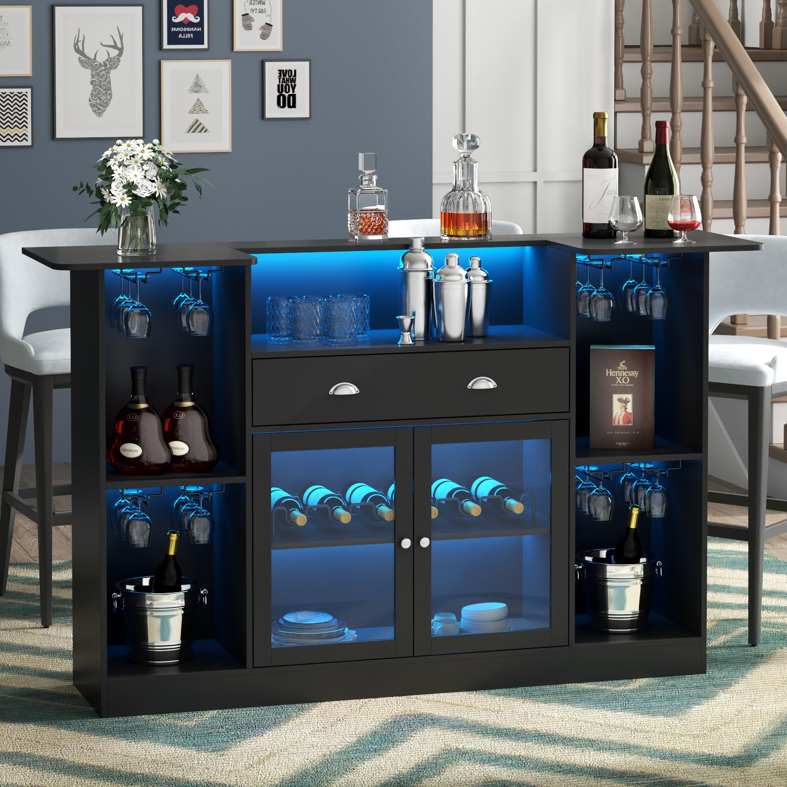 Premium Loomie LED Bar Table Cabinet with Drawer - 8-Tier Storage Mini Liquor Bar with Stemware Holder & Adjustable Wine Rack - Crescent Shaped Glass Door Counter for Home Pub, Kitchen, Living Room or Man Cave