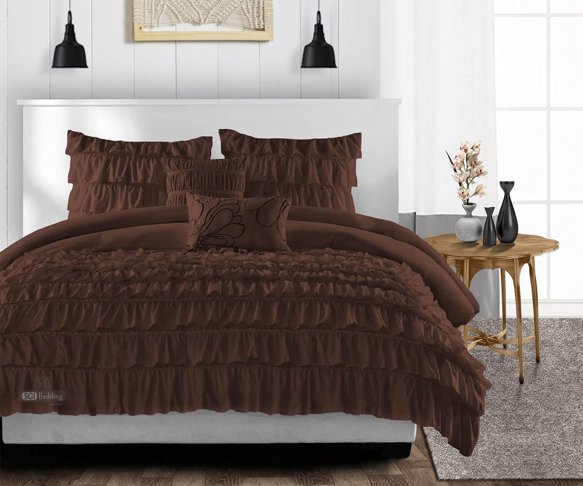 Oversized Queen Comforter Set - 300 GSM Plush Siliconized Microfiber Fill with 1000 TC Egyptian Cotton Shell | Multi-Ruffle Chocolate Design | Includes Duvet Insert & Pillowcases | Ultra Soft & Fluffy for Bedroom Decor | Perfect for Cozy Nights & Luxurious Sleep