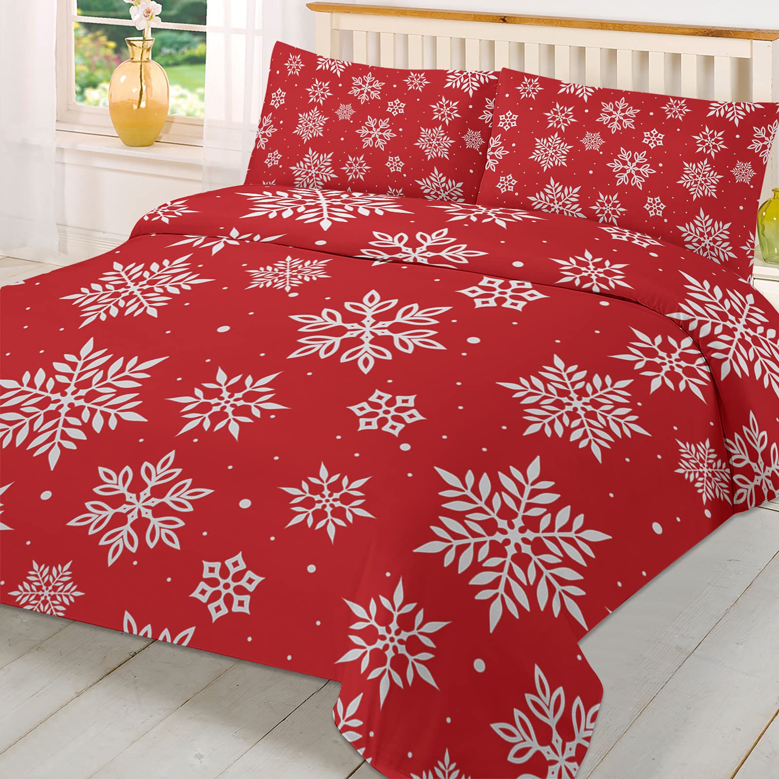 California King Duvet Cover Set - Christmas Snowflake Red Comforter Cover with 2 Pillowcases - Soft Bedding Set for Teens, Kids & Adults - Perfect for Holiday Decor & Cozy Winter Nights