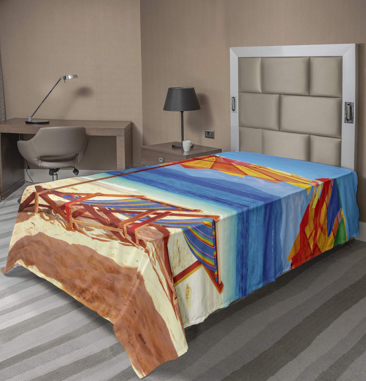 Ambesonne Tropical Beach Flat Sheet - Twin Size Orange Blue Soft Comfortable Top Sheet with Exotic Thailand Seaside Deck Chairs Design | Perfect for Coastal Bedroom Decor, Vacation Home & Tropical Themed Guest Rooms