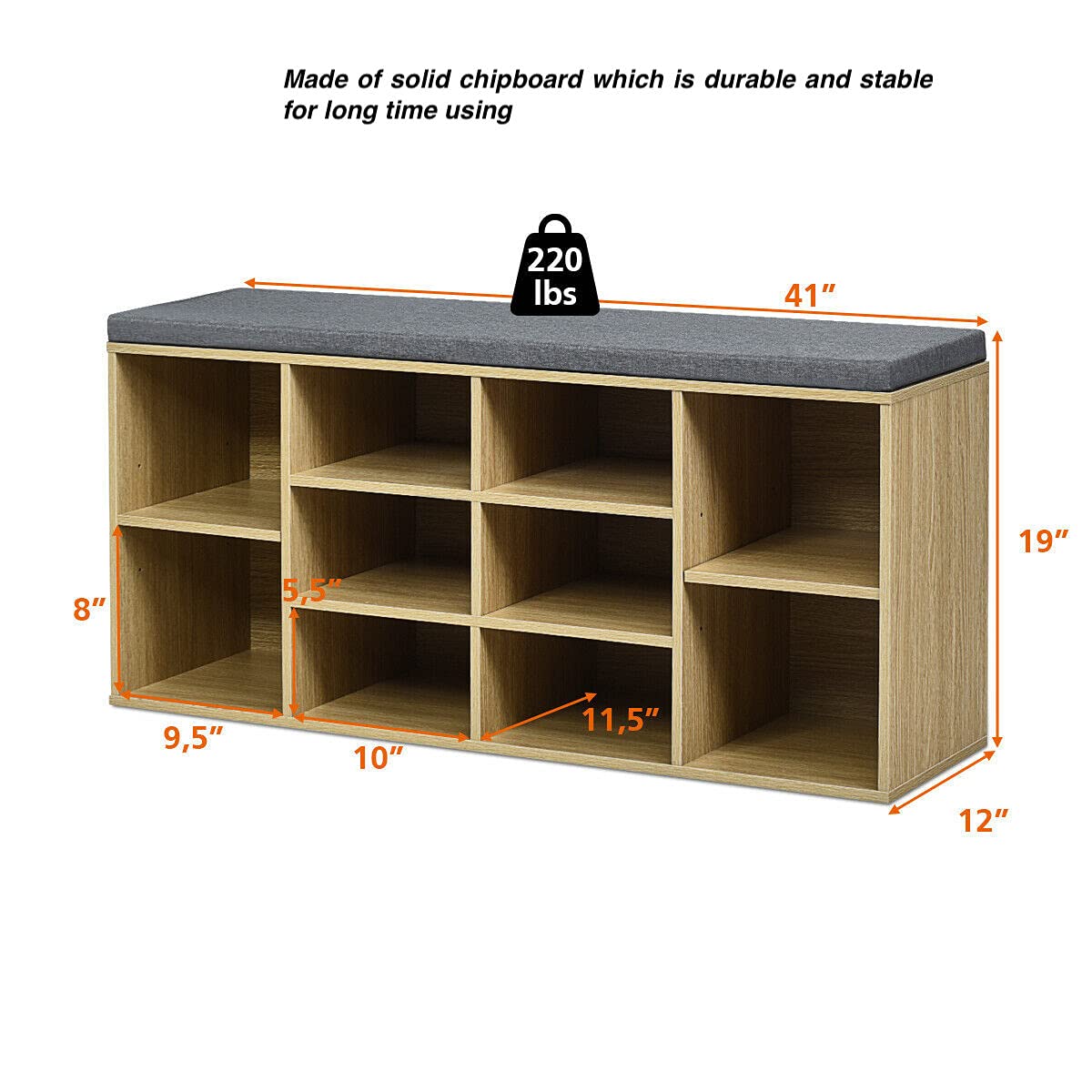 10-Cube Shoe Storage Bench with Soft Padded Seat - Multipurpose Entryway Organizer for Shoes, Heels, Boots & Sandals | Perfect for Hallway, Closet & Bedroom Storage