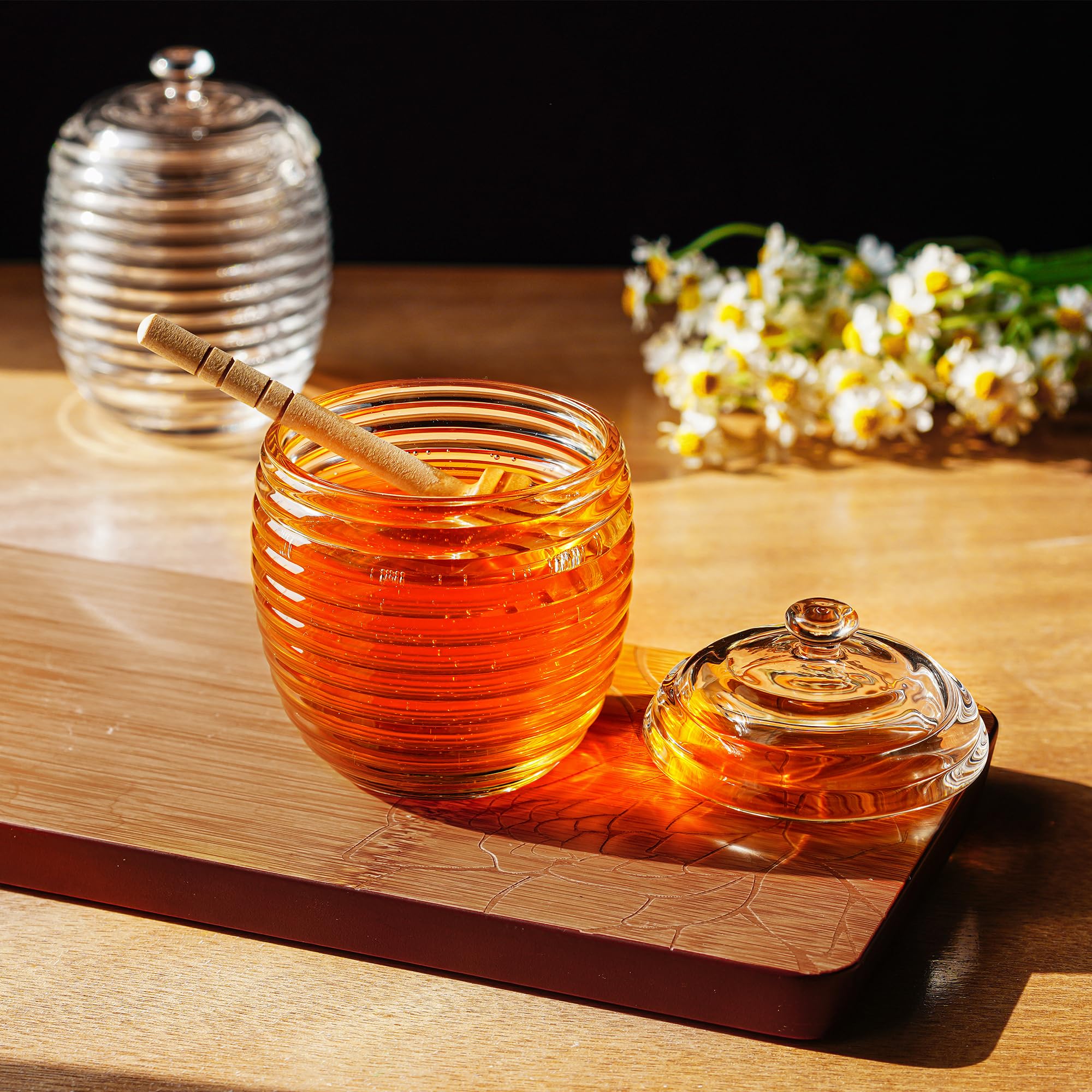 Kanpura 9oz Glass Honey Dispenser with Dipper - Clear Crystal Honey Jar for Kitchen, Perfect for Storing Honey & Syrup - Easy to Clean & Reusable - Ideal for Tea, Coffee, Baking & Breakfast