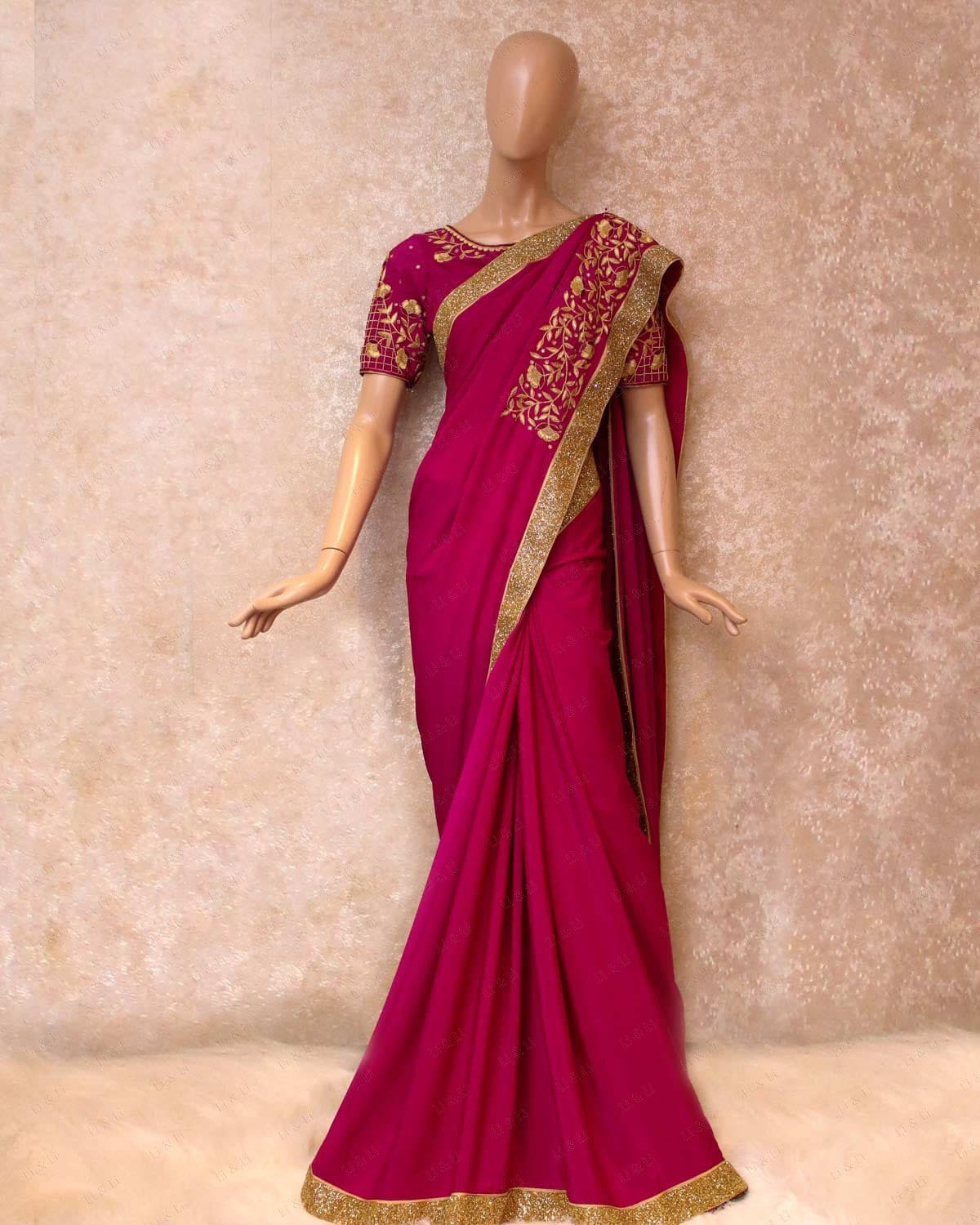 Pre Order: Magenta Crape Silk Saree with Heavy Golden Hand Embroidery - Perfect for Weddings, Parties & Special Occasions