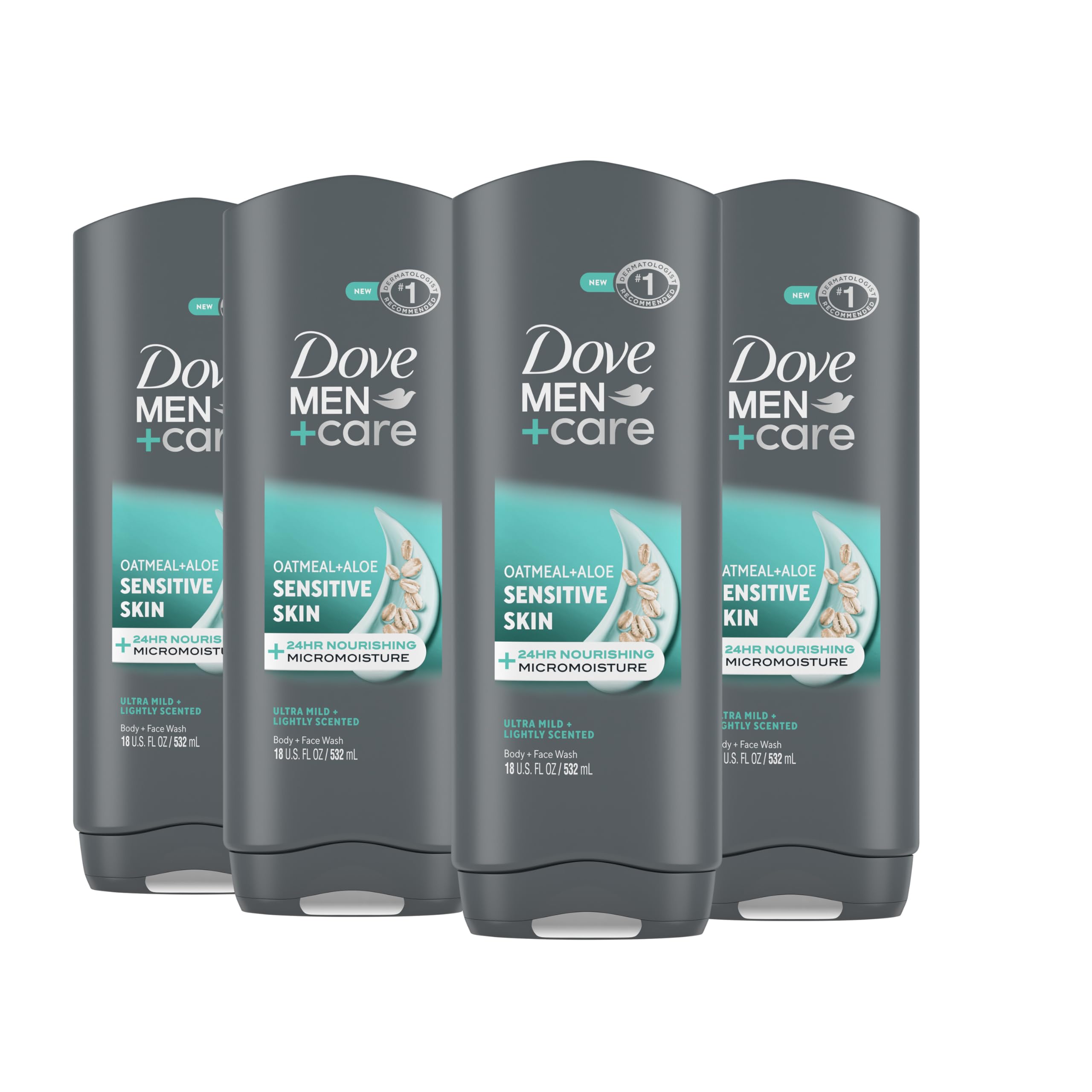 DOVE MEN + CARE Sensitive Skin Body & Face Wash - 4 Pack - Hydrating & Gentle Cleanser for Men with Dry or Sensitive Skin - Perfect for Daily Shower & Post-Workout Use