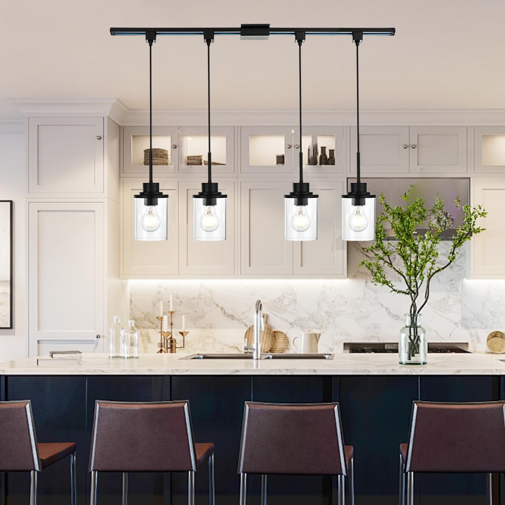 4-Lights H-Type Track Lighting Fixture - Dimmable Black Kitchen Pendant Light with Clear Glass Shades (45.8