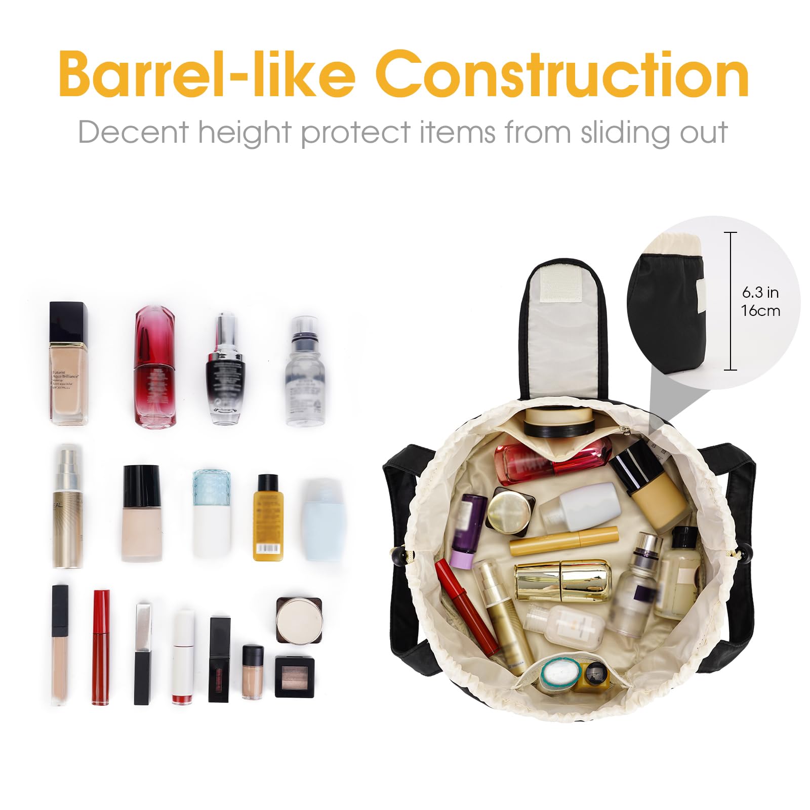 Large Barrel Drawstring Makeup Bag for Women & Girls - Waterproof Travel Cosmetic Organizer with Patent Design (Black) | Perfect for Gym, Vacation & Daily Essentials Storage