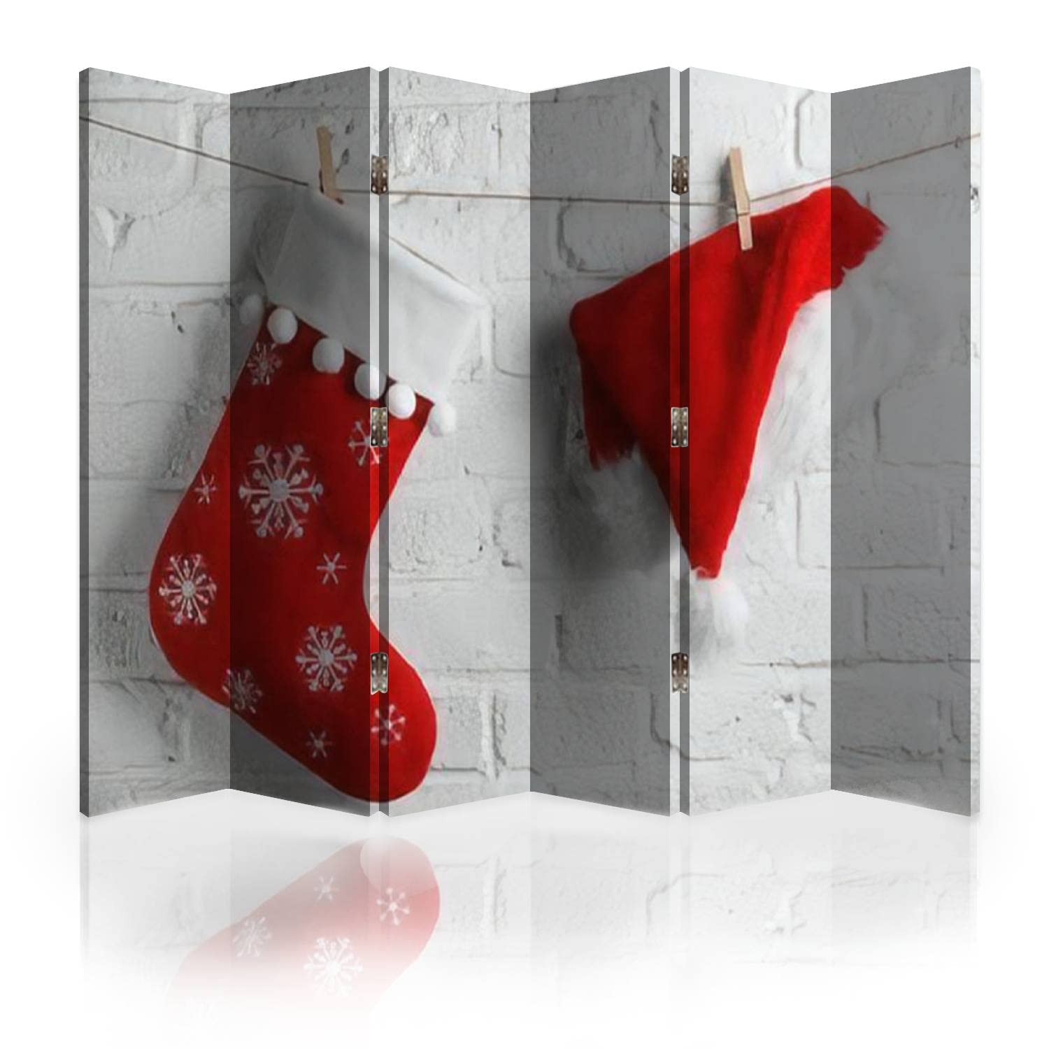 Red Santa Claus Hat & Sock Canvas Room Divider Screen - 6 Panel Folding Privacy Partition for Home, Office & Events | White Brick Wall Design | Room Separator & Space Organizer | Perfect for Holidays, Bedrooms & Open Floor Plans