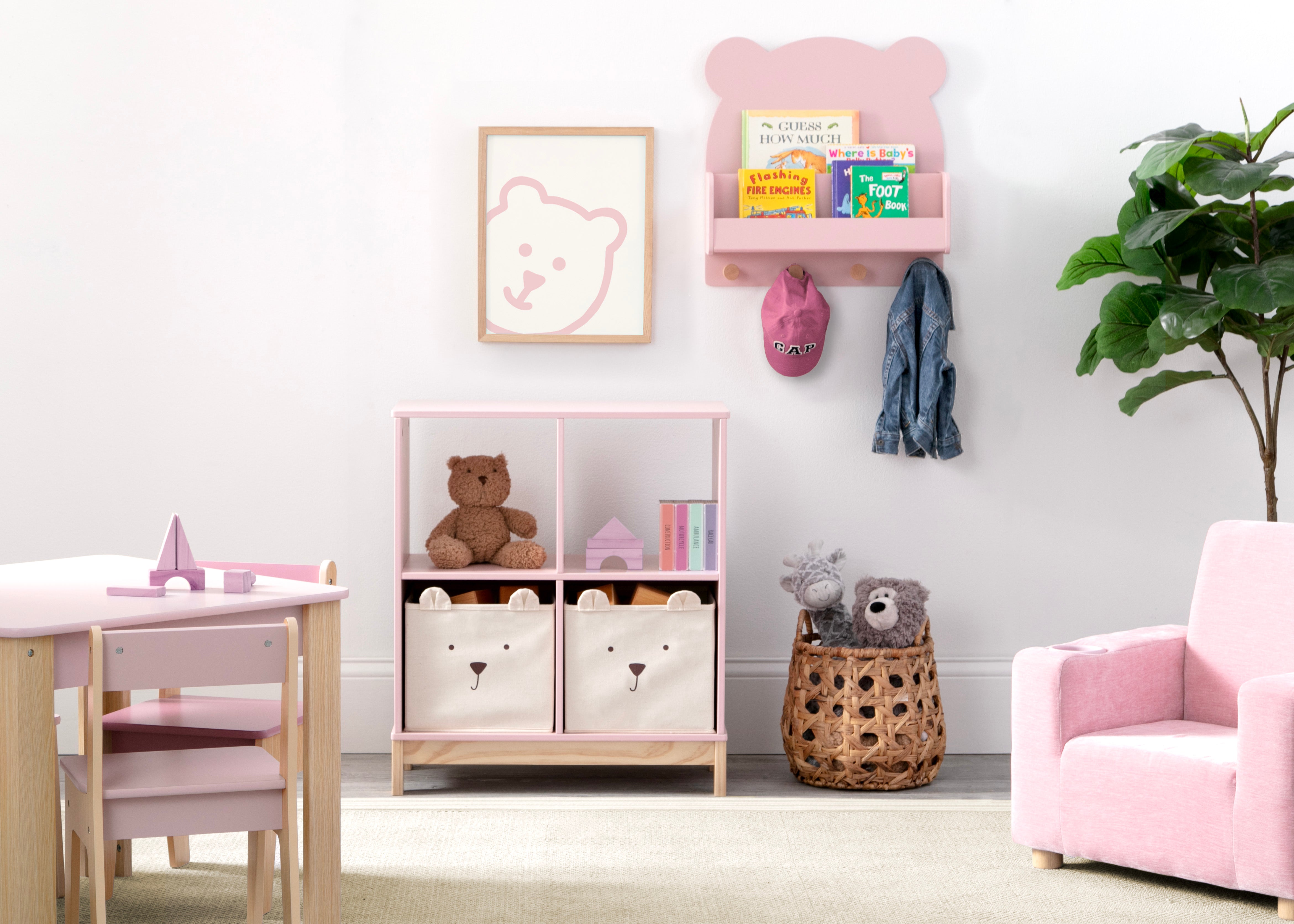 Brannan Bear Bookcase with Bins - Kids Wooden Bookshelf with Storage Bins for Nursery, Playroom & Bedroom Organization