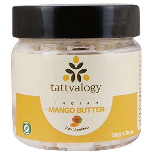 Tattvalogy 100% Raw Unrefined Mango Butter - Natural Body Butter for Dry Skin, Lip Balm & Moisturizer | Plastic Jar 50g | Perfect for Skin Hydration, DIY Beauty Recipes & Spa Treatments