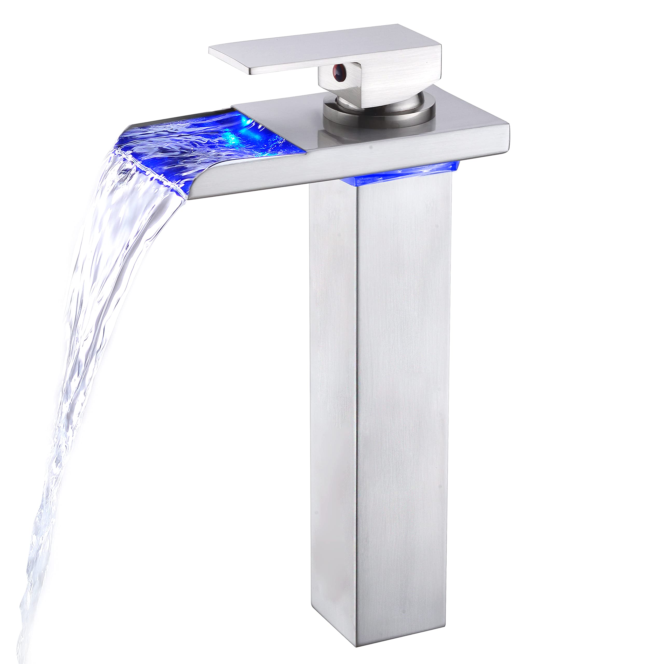 Brushed Nickel LED Waterfall Bathroom Faucet - Tall Single Handle 1 Hole Sink Faucet with Brass Water Supply | Modern Bathroom Upgrade for Vanity & Powder Room