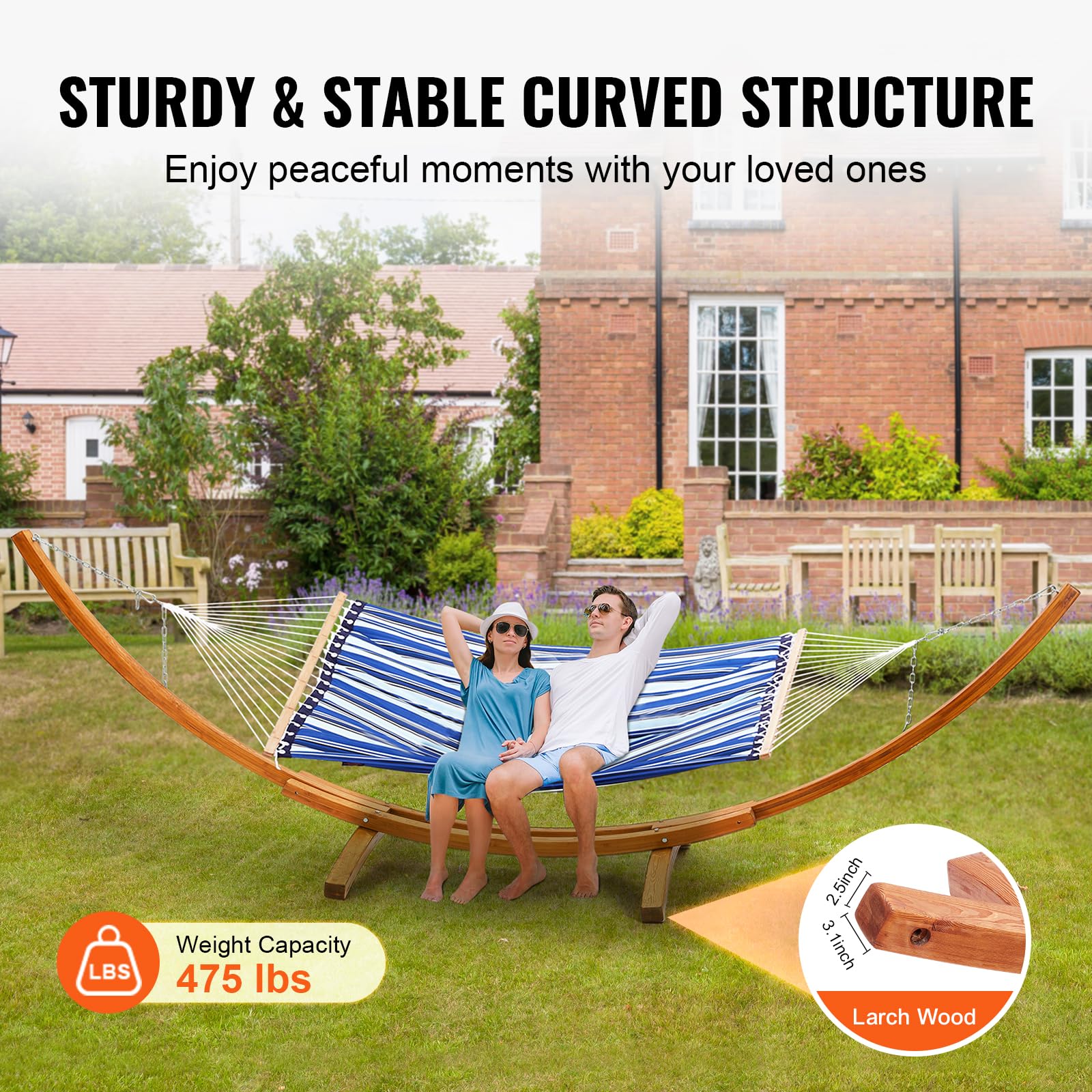 VEVOR Wooden Hammock Stand - 475 lbs Capacity Universal 2 Person Hammock Frame for 9-13 ft Hammocks, Adjustable Larch Wood Arc Stand with Chains & Carabiners - Perfect for Backyard, Patio, Camping & Indoor Relaxation