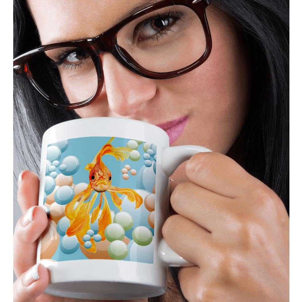 3dRose 15oz Funny Coffee Mug with Blowing Bubbles Goldfish Design - Acrylic Painting Fish Theme - Perfect Gift for Office, Home Use or Tea Lovers