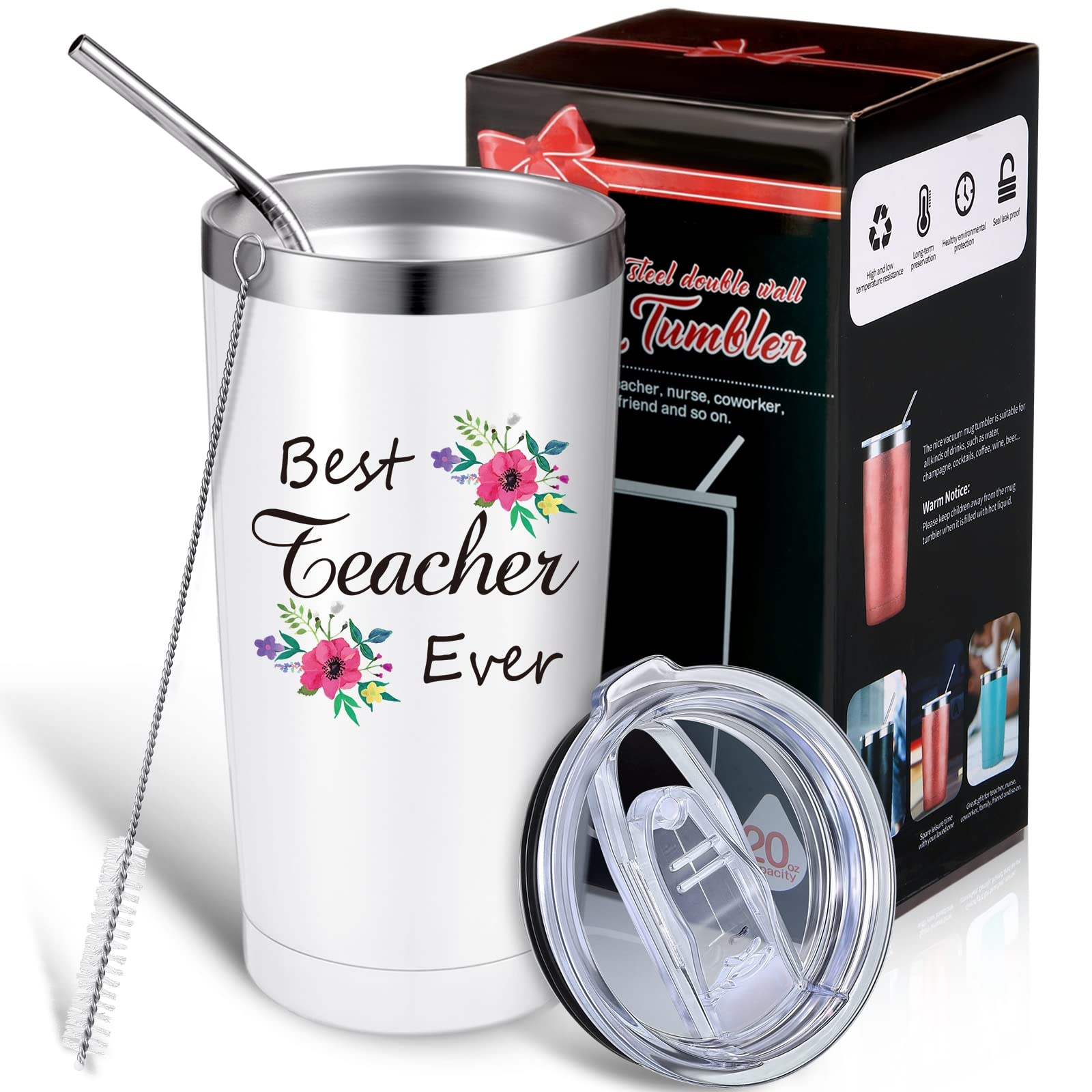 Best Teacher Ever Tumbler with Straw - 20oz Insulated Travel Mug for Women | Teacher Appreciation, Graduation & Birthday Gifts | Perfect for Classroom, Office & Commuting
