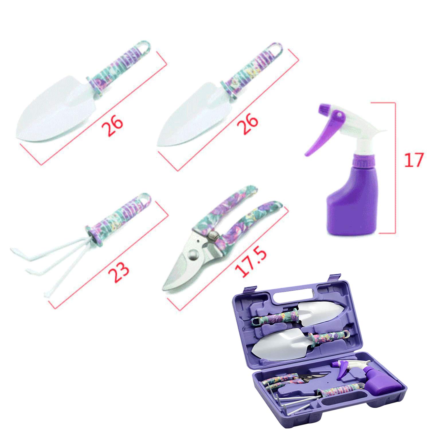5-Piece Stainless Steel Anti-Rust Gardening Tool Set with Floral Pattern - Grass Trimmer, Branch Cutter, Hand Sprayer & Storage Case - Durable Garden Tools for Adults & Kids | Perfect for Lawn Care, Flower Beds & Backyard Gardening