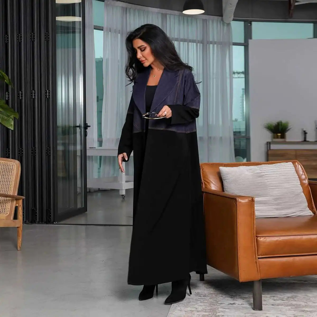 Urgarment Denim Patchwork Open Abaya Dress Cardigan - Stylish Islamic Modest Wear for Prayer, Mosque & Everyday Fashion