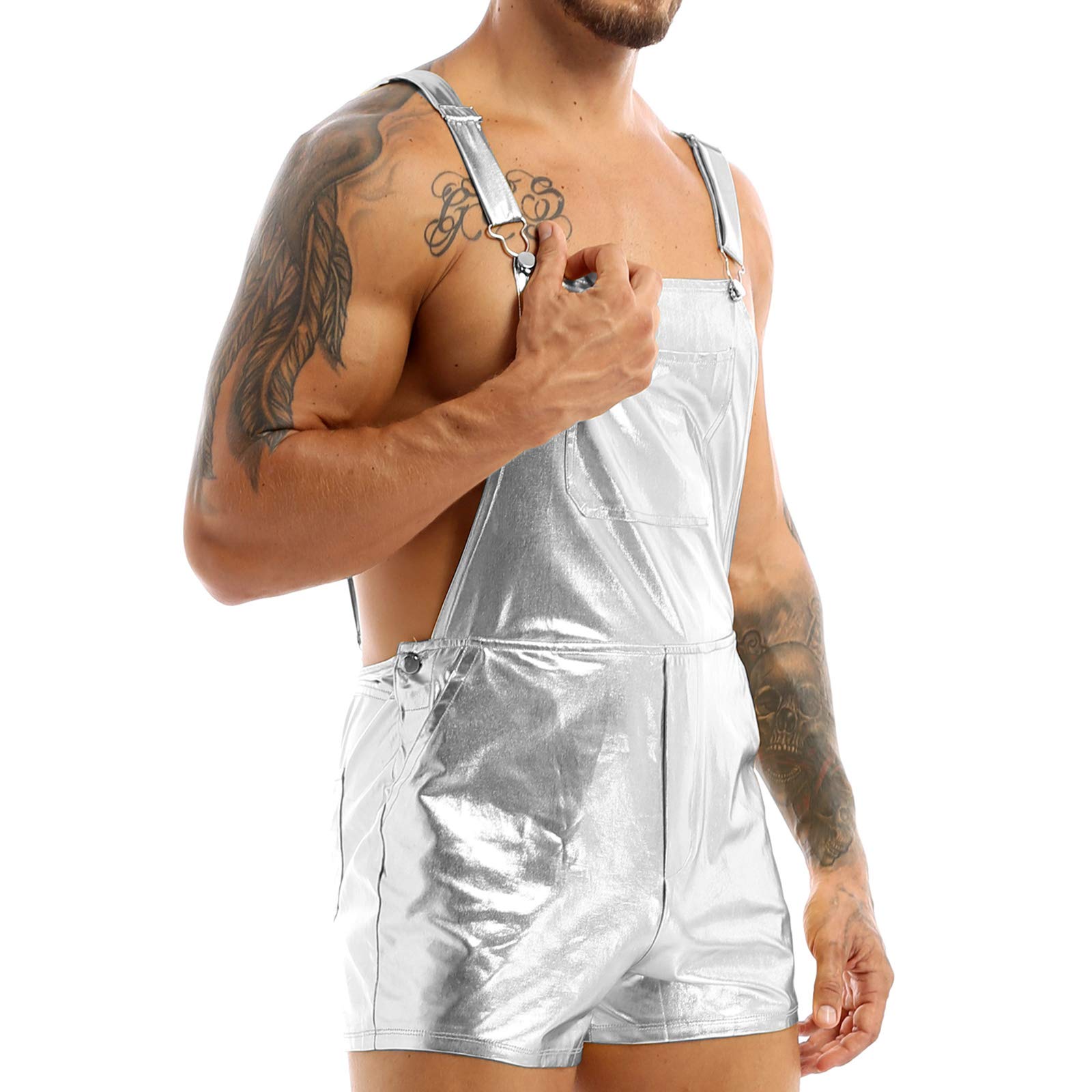 Men's Metallic Bib Overalls - Shiny Shorts for Festival & Fancy Dress