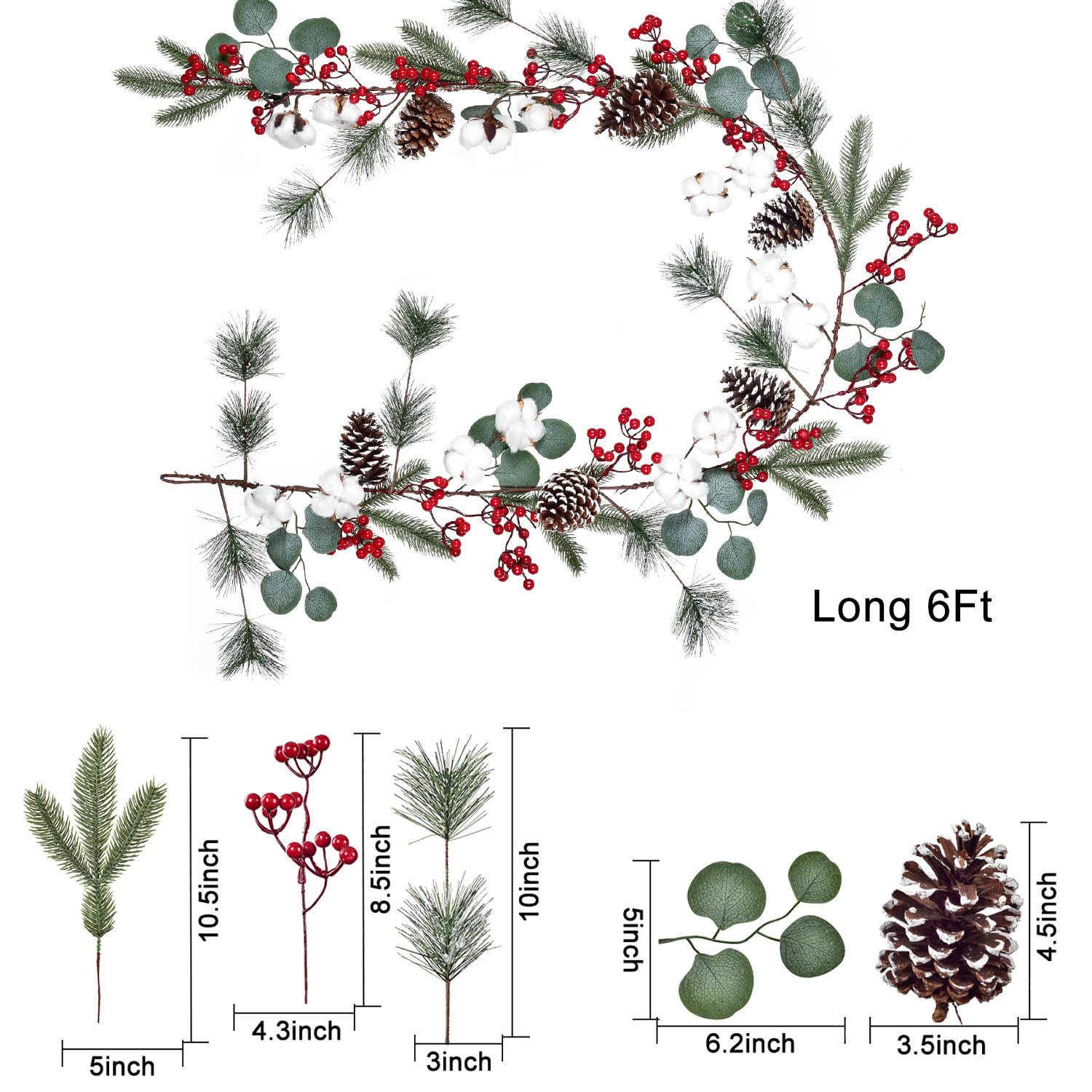 6FT Artificial Christmas Pine Garland with Berries, Pine Cones, Spruce & Eucalyptus Leaves - Winter Greenery Decor for Fireplace, Table Runner, Centerpiece, Holiday Home & Office Decoration