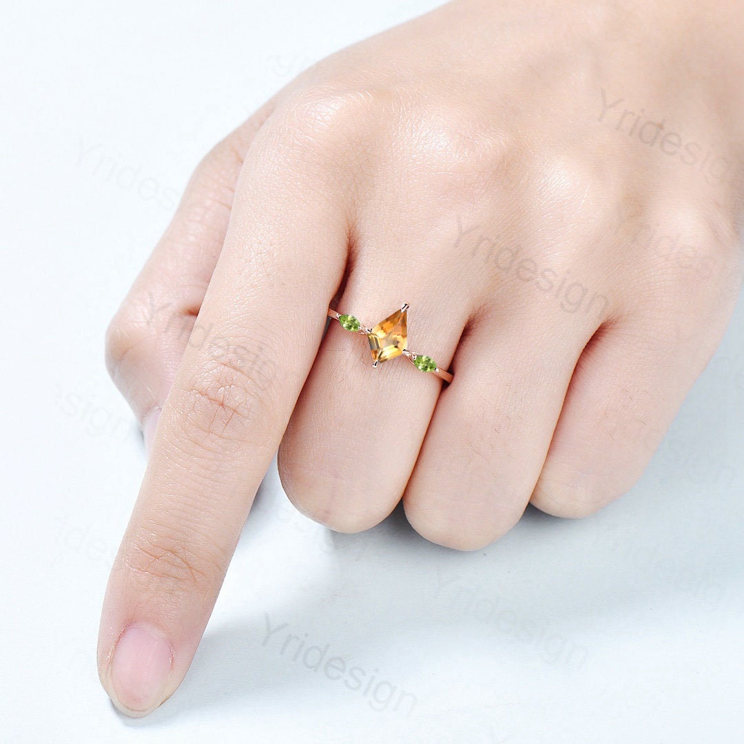 Exquisite 3-Stone Marquise Citrine Engagement Ring | Minimalist Kite Cut Peridot Wedding Band for Women | Unique Handmade Proposal Gift | Perfect for Anniversaries, Valentine's Day & Special Occasions