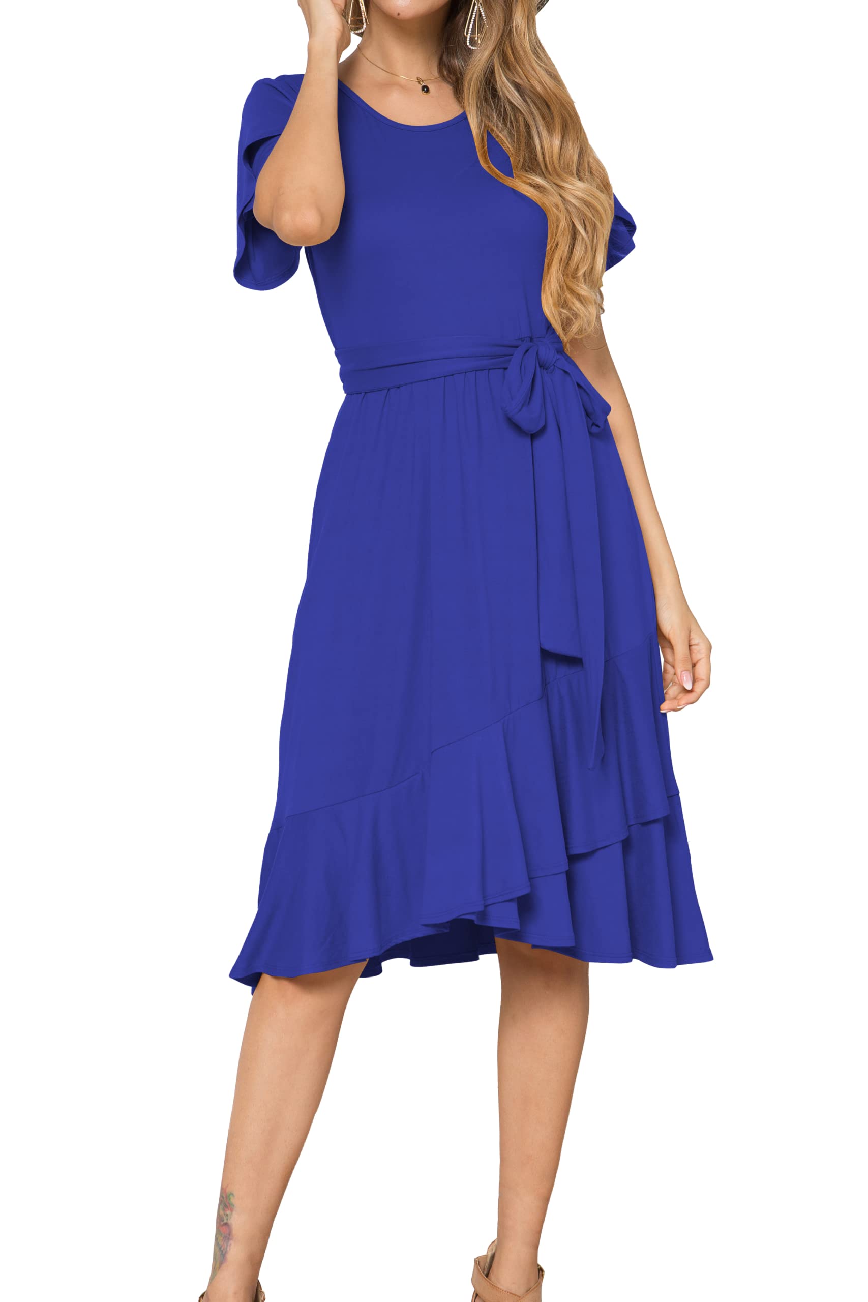 Levaca Women's Casual Flowy Short Sleeve Midi Dress with Belt - Summer Beach Wear, Office Outfit & Party Dress