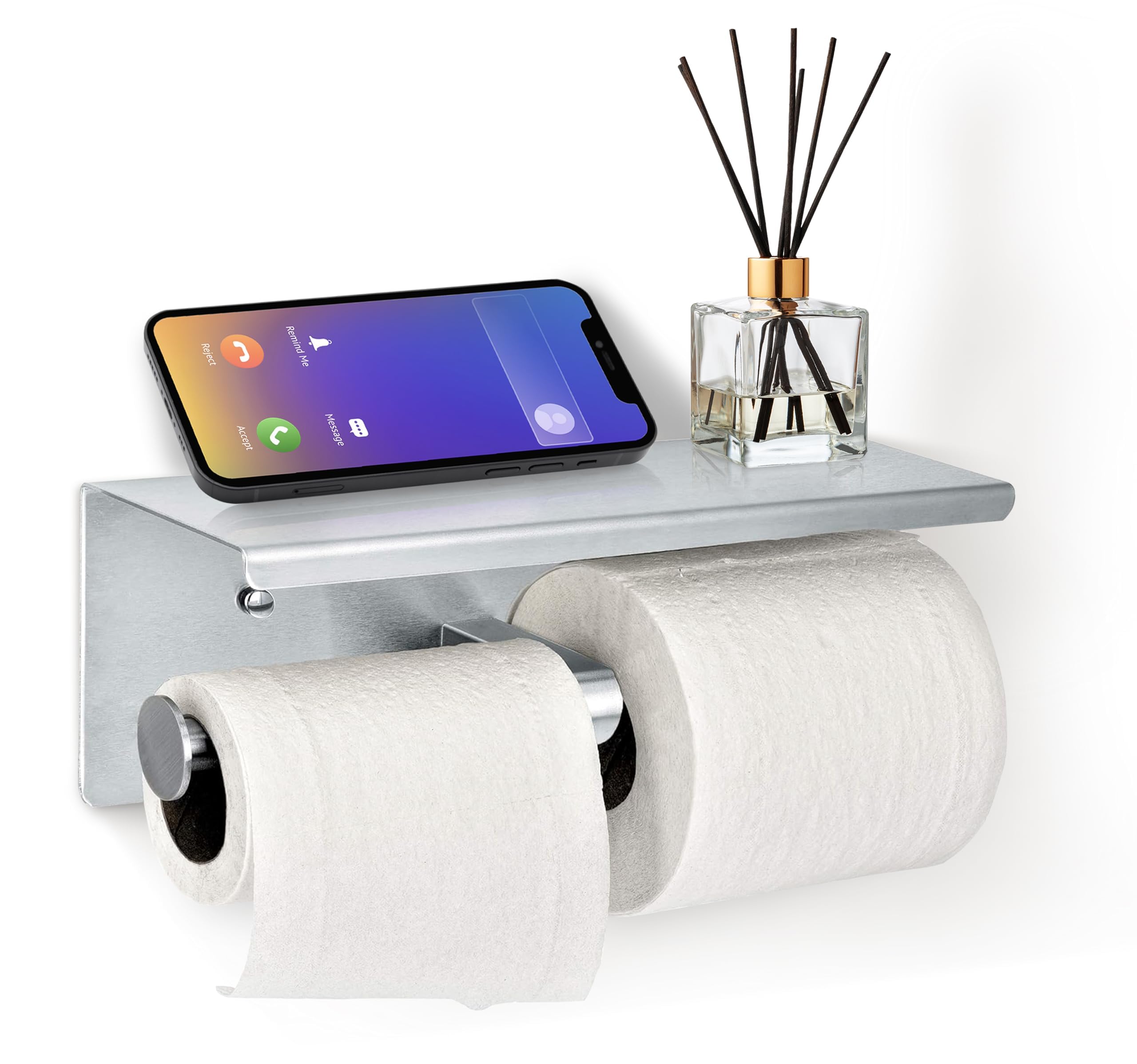 Double Toilet Paper Holder with Shelf - Rust-Resistant Brushed Stainless Steel Bathroom Tissue Dispenser | Wall Mounted Dual Roll TP Holder with Phone Shelf | Perfect for Modern Bathrooms, Restaurants & Commercial Spaces