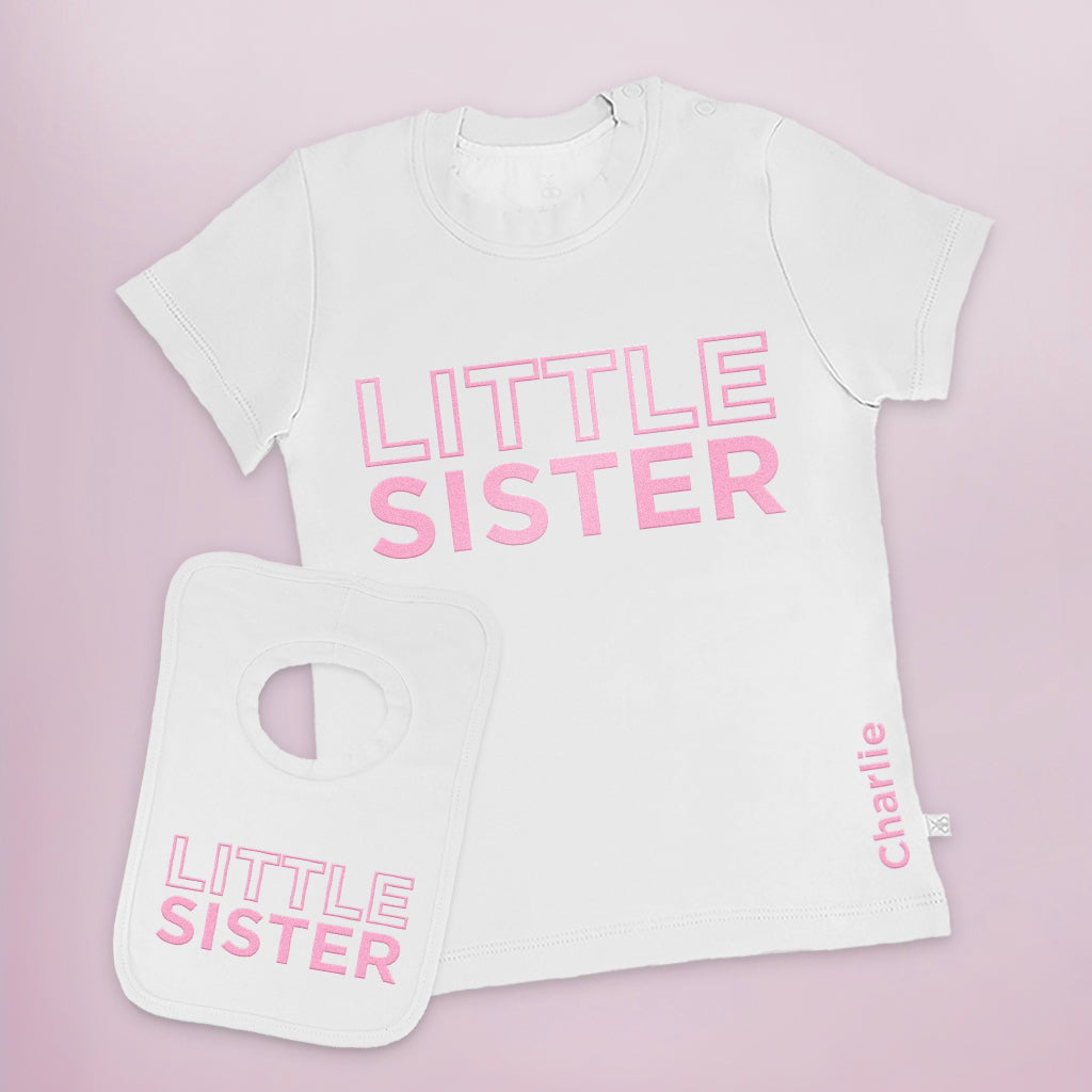 Personalized Little Sister Short Sleeve T-Shirt & Bib Gift Set - Cute Matching Outfits for Baby Girls & Toddlers - Perfect for Birthdays, Sibling Photos & Family Events