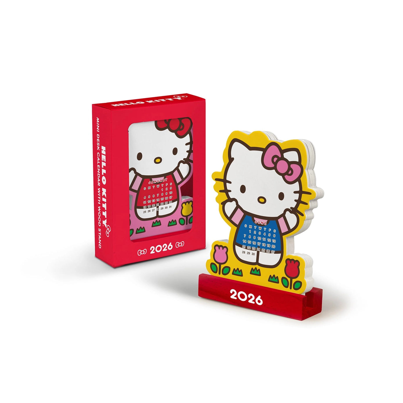 2026 Hello Kitty Playful Pink Mini Desk Calendar with Wood Stand - Cute Kawaii Planner for Office, School & Home Decor - Perfect Gift for Girls & Women