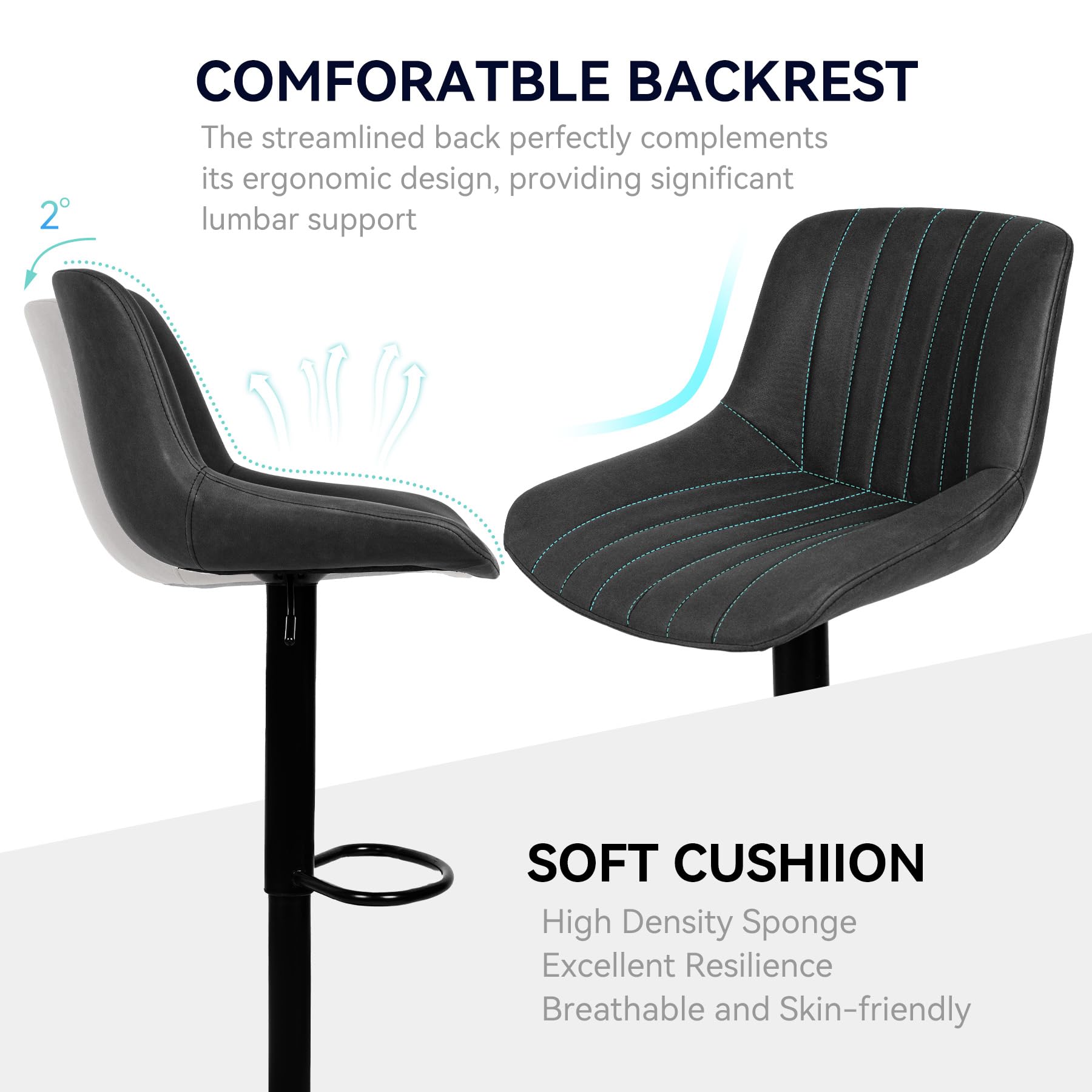 Modern Adjustable Swivel Bar Stools Set of 2 with Backs - Counter Height Kitchen Island Chairs with Performance Fabric - Perfect for Home Bar, Breakfast Nook & Dining Area - Black
