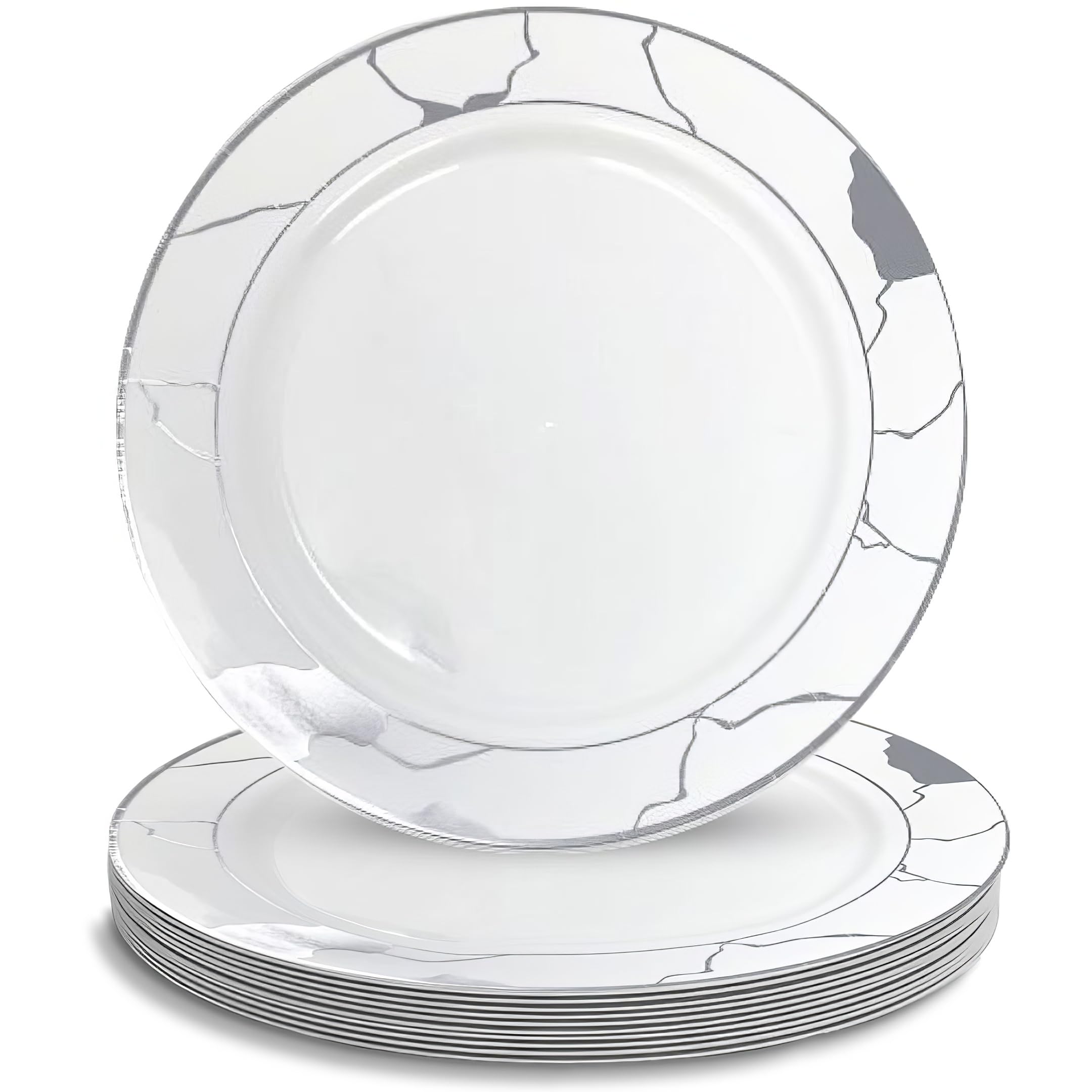 Premium 10-Piece White & Silver Marble Salad Plate Set - 7.5 Inch Elegant Dinnerware for Parties, Weddings & Entertaining - Durable Porcelain Appetizer Plates for Salads, Desserts & Charcuterie Boards
