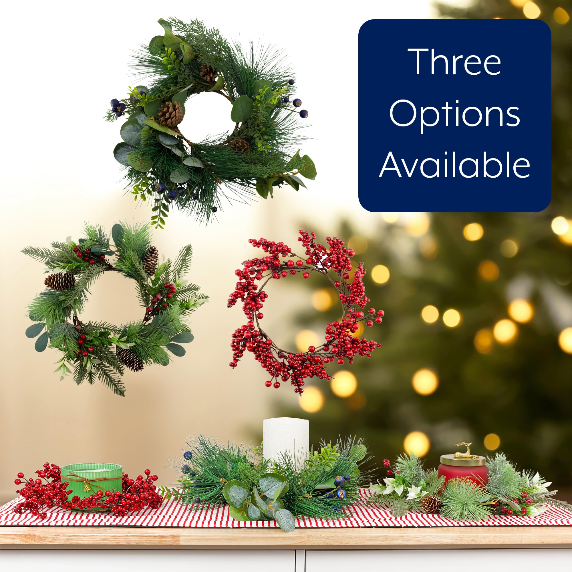 AuldHome Christmas Greenery Candle Wreaths (2-Pack, Evergreen) - Holiday Winter Decorations, Wedding Centerpiece Candle Rings for Fireplace, Table & Door Decor