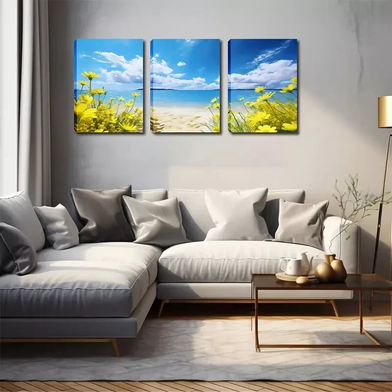 3-Piece Yellow Flowers On The Beach Wall Art Set - Framed Canvas Prints 40x60cm - High Quality Australian Made - Ready to Hang - Perfect for Living Room, Bedroom & Office Decor