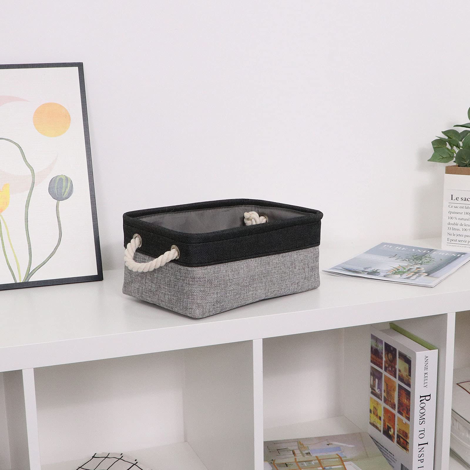 Bidtakay 6 Pack Small Collapsible Storage Baskets - 11.8 x 7.8 x 5 Inch Fabric Canvas Organizer Bins with Handles, Decorative Square Storage Containers for Cabinet, Shelf, Closet Organization (Black & Grey) | Perfect for Bedroom, Bathroom, Nursery & Office Storage Solutions