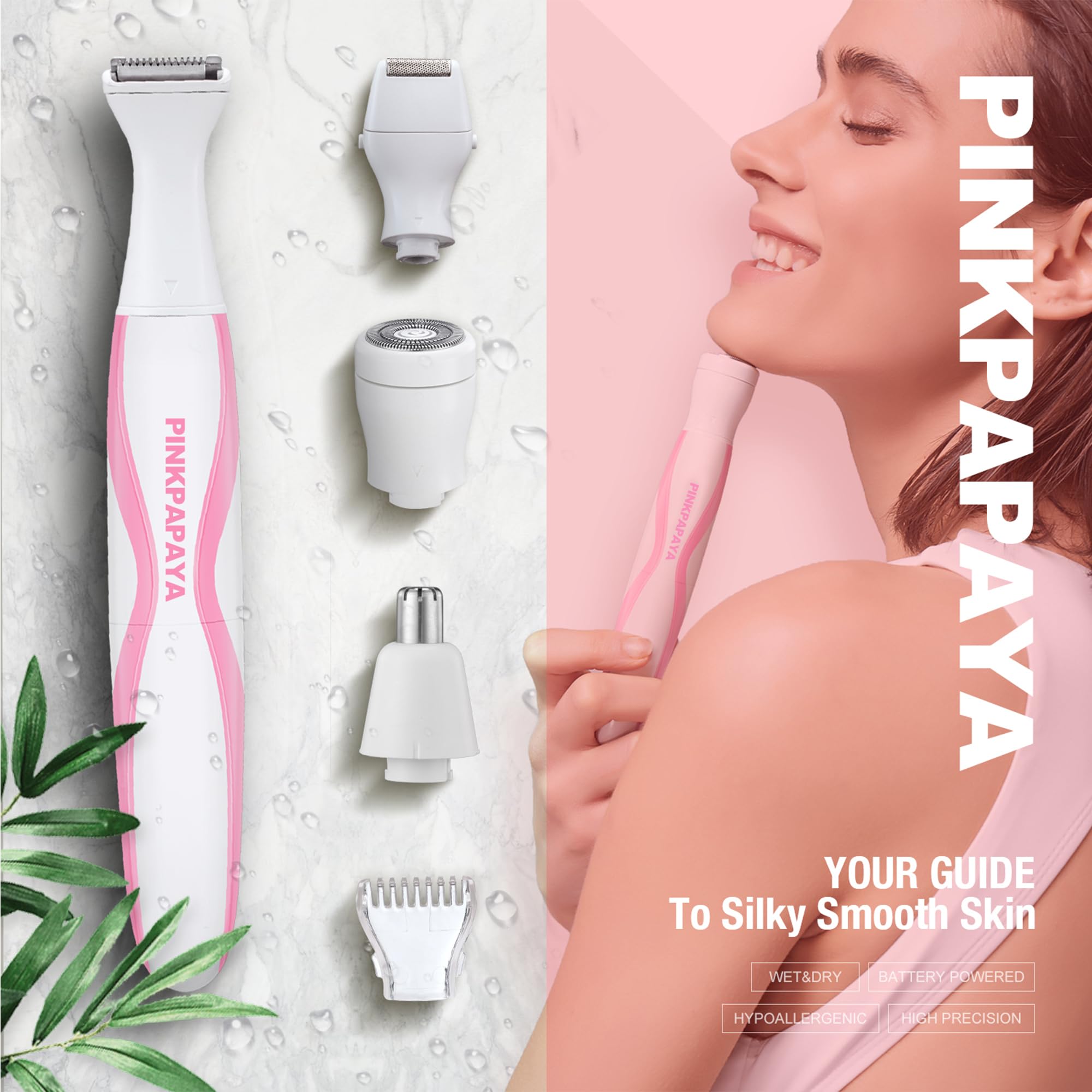 4-in-1 Electric Bikini Trimmer for Women - Pubic Hair Shaver, Facial Hair Remover, Face Razor & Nose Trimmer - Women's Grooming Kit for Smooth Skin at Home & Travel - Perfect for Bikini Line, Legs, Underarms & Facial Hair Removal