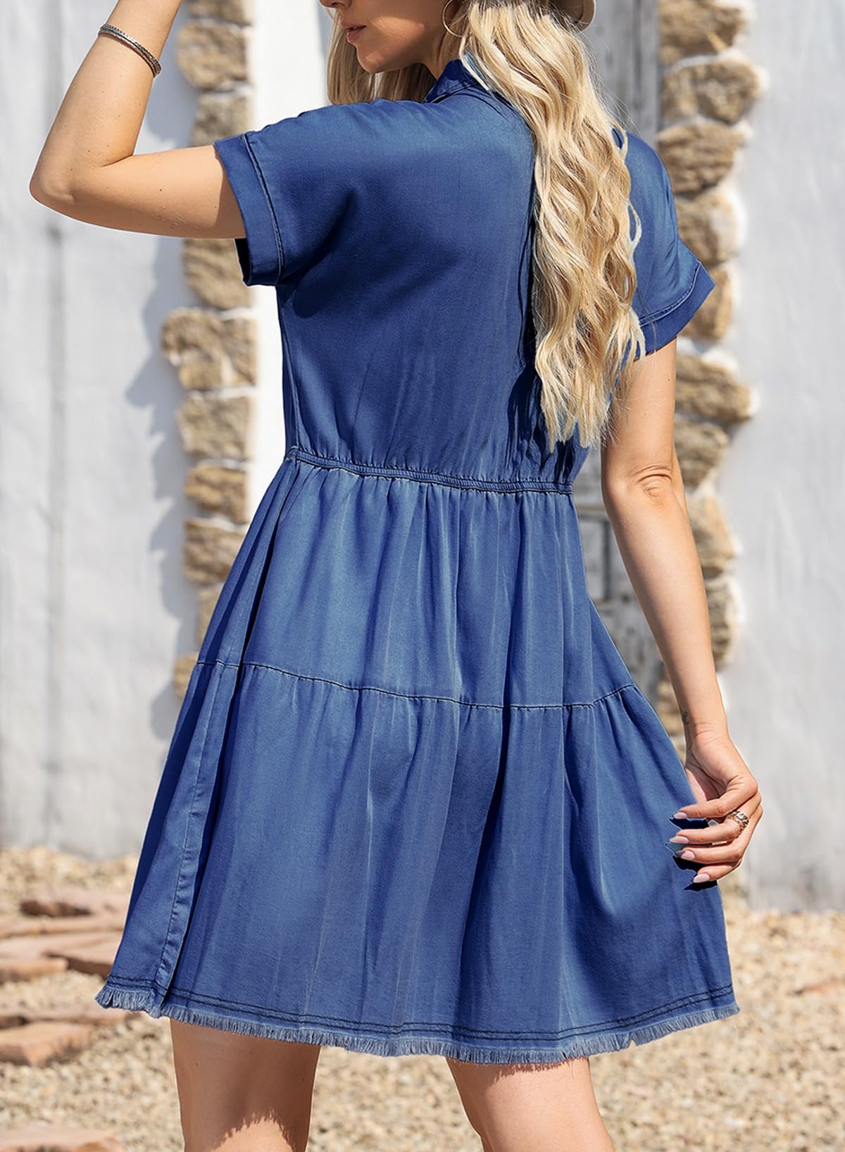 Sidefeel Women's 2024 Fashion Denim Dress with Frayed Hem & Buttoned Pockets - Casual Short Sleeve Jean Dress for Summer Outings, Beach Wear & Street Style