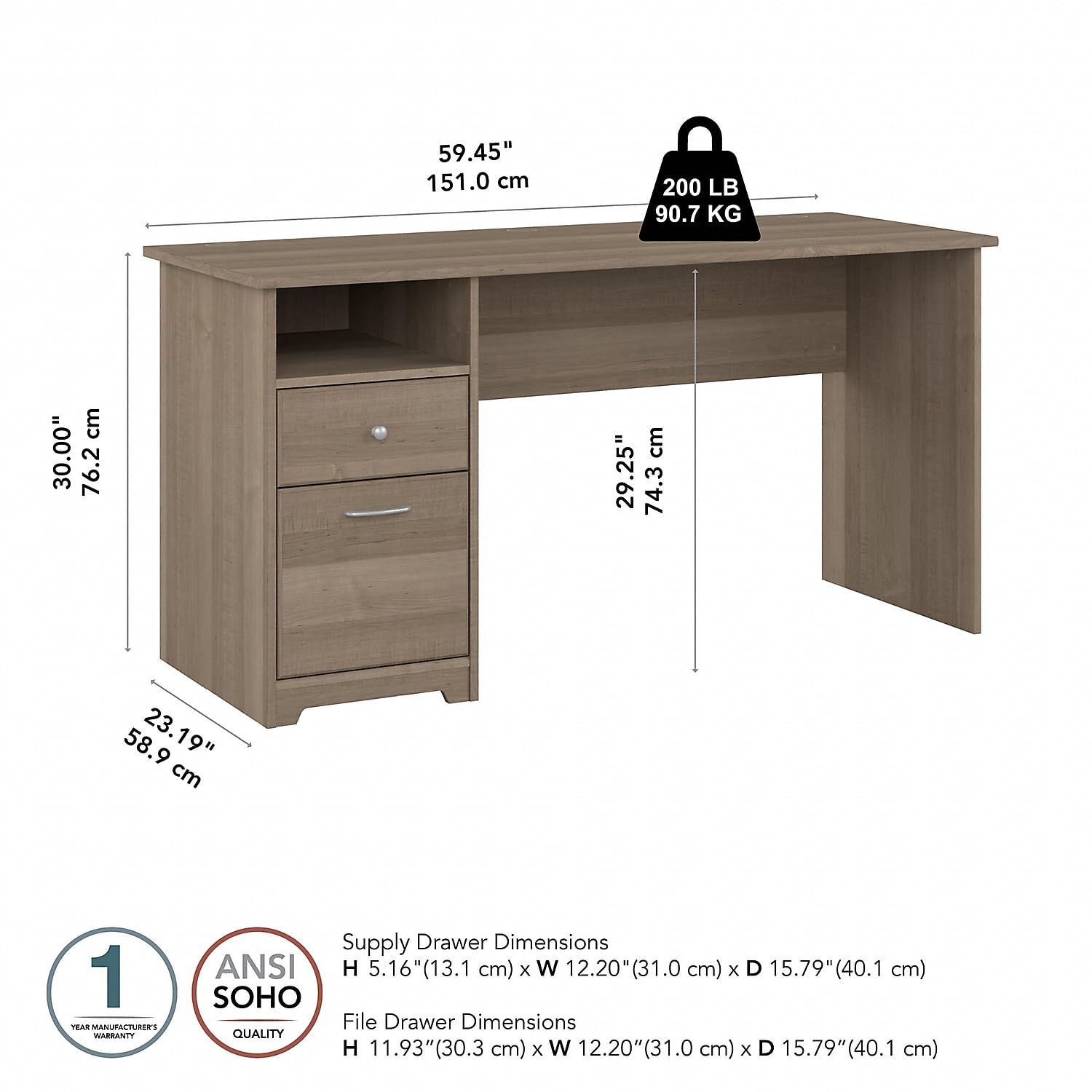Bush Furniture Cabot 60W Home Office Desk with Storage Drawers & Chrome Hardware - Elegant Computer Workstation for Small Spaces, Remote Work & Study - Ash Gray Finish