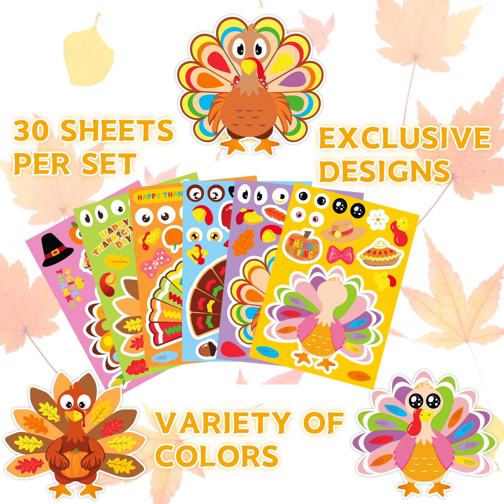 Joy Bang Thanksgiving Stickers for Kids - 30 Sheets Turkey Face Stickers, DIY Thanksgiving Crafts, Party Favors & Gifts for Friendsgiving Activities | Perfect for Classroom Projects, Holiday Decorations & Family Bonding