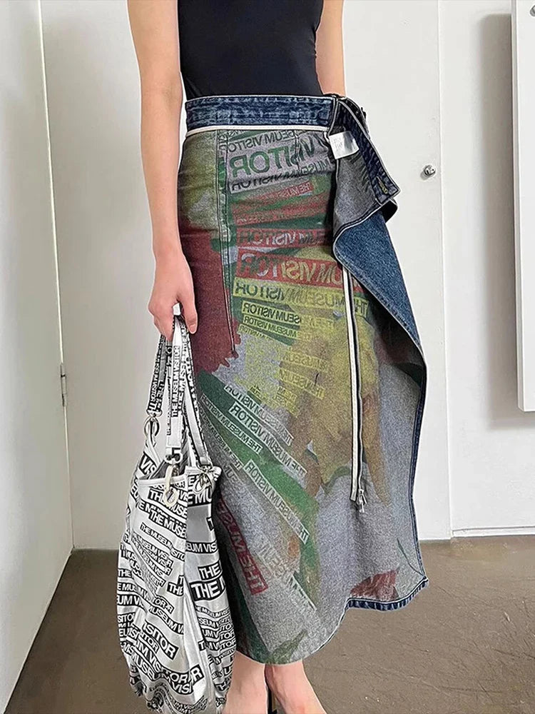 DEAT Fashion Women's Denim Skirt - Double Sided Irregular Print, Washed Cotton with Zip Detail, Mid-Calf Length for Fall & Winter | Casual Outfits, Street Style, Office Wear