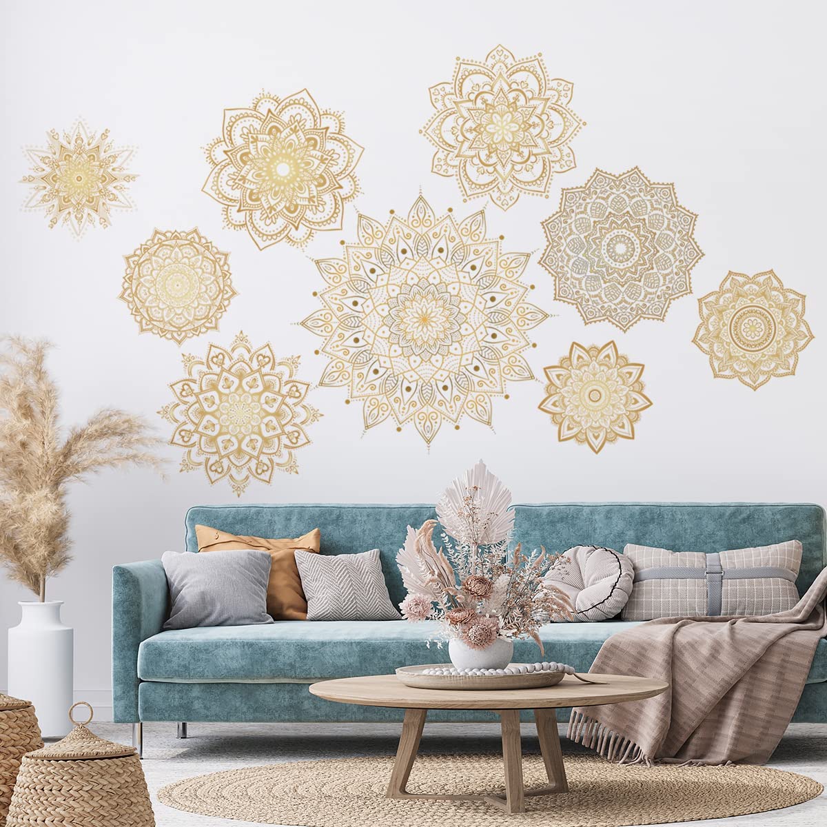 Gold Mandala Wall Decals - Boho Hippie Vinyl Stickers for Home Decor, Indian Namaste Flower Stickers for Bedroom, Living Room & Yoga Studio - Perfect for Meditation Spaces and Bohemian Interior Design