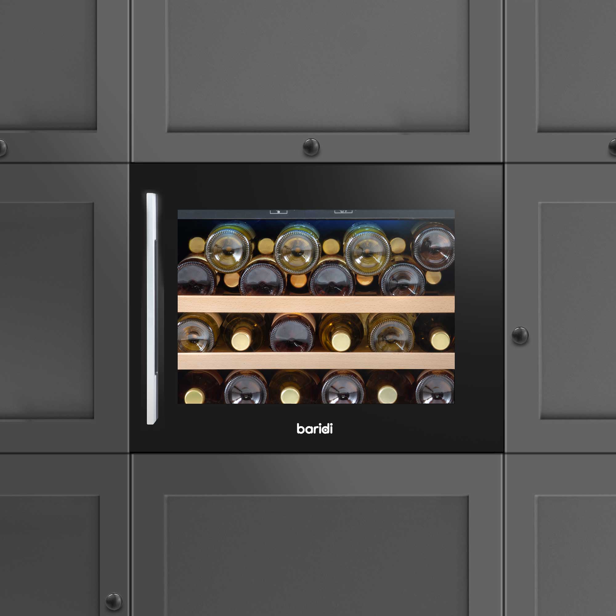 Baridi 60cm Built-In 28 Bottle Wine Cooler Refrigerator with Beech Wood Shelves - Black DH205 | Perfect for Home Bars, Restaurants & Wine Cellars