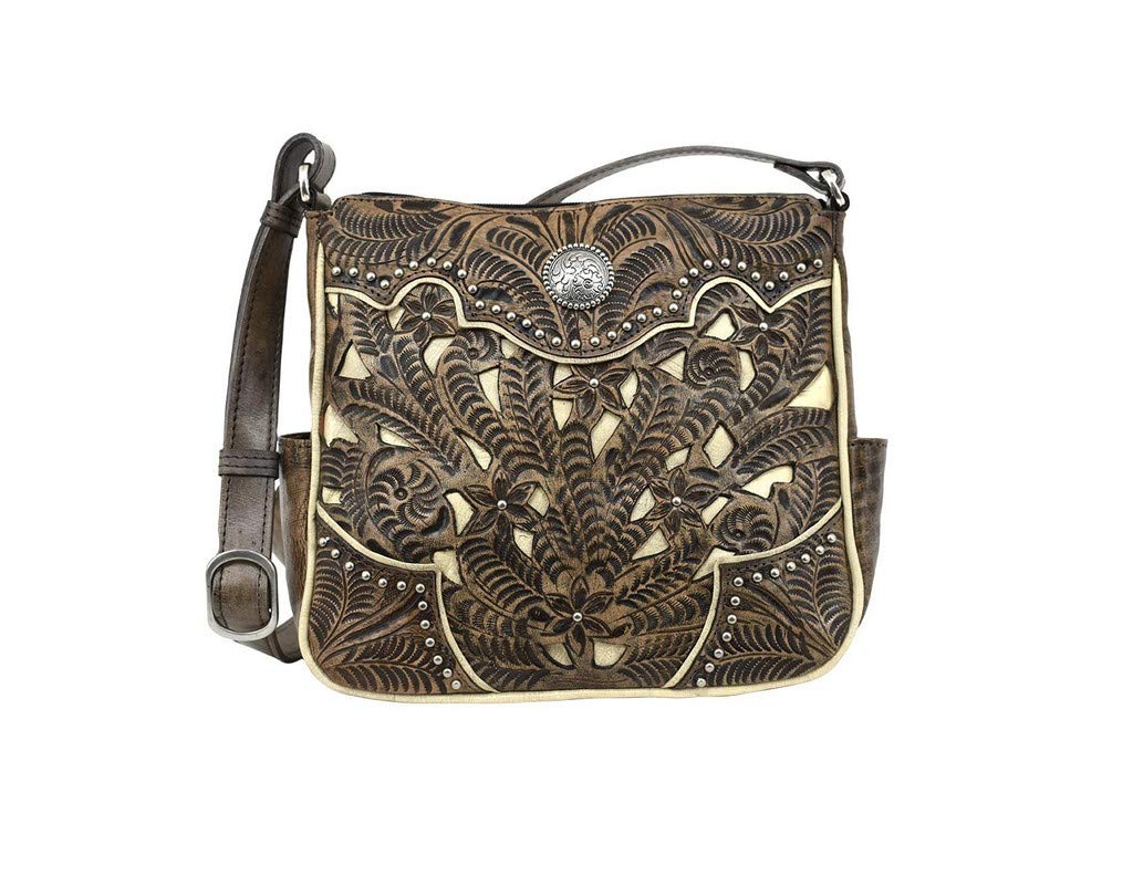 American West Leather Inlay Eagle Messenger Bag - Charcoal Brown Crossbody Bag for Men & Women | Perfect for Travel, Work & Everyday Use