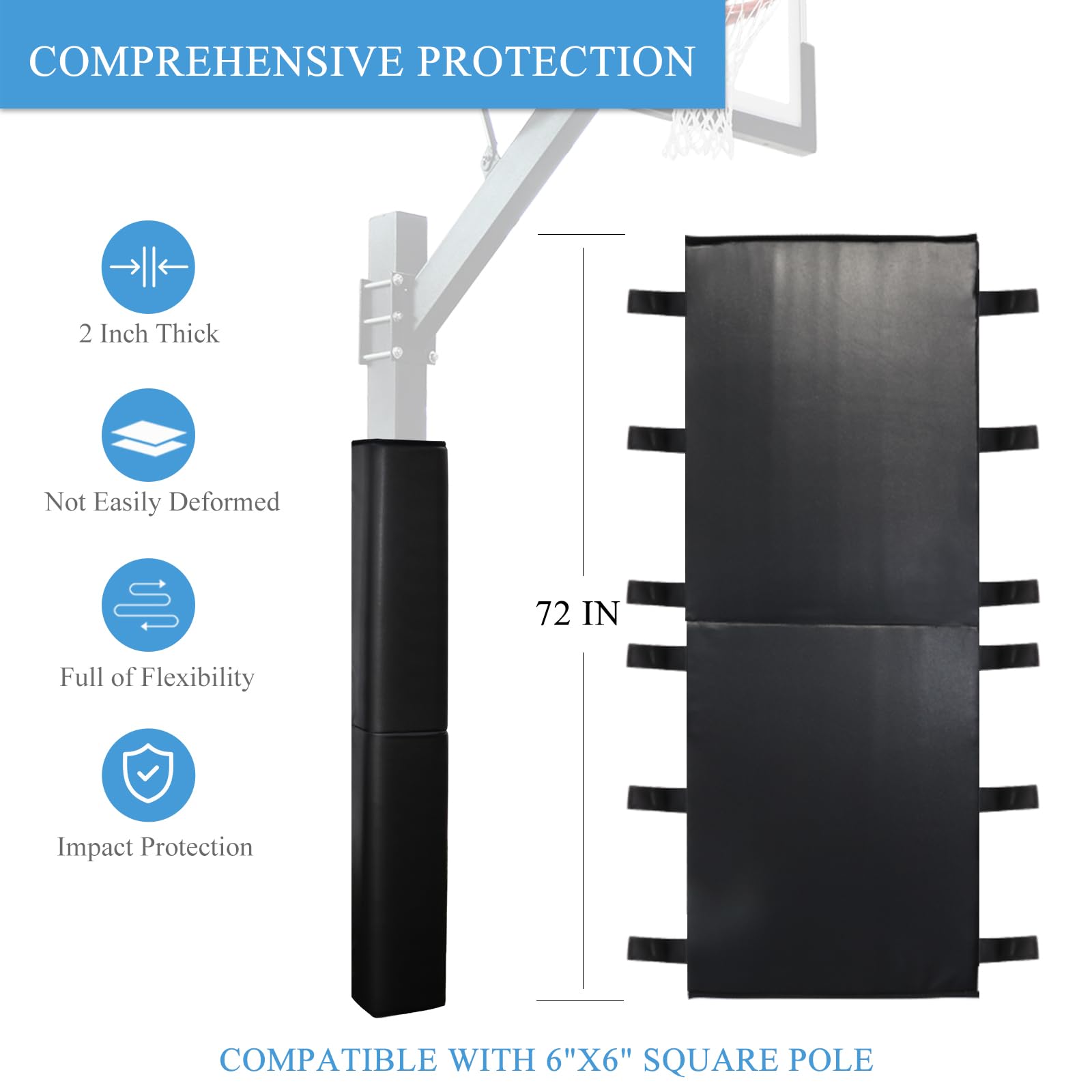 Durable 6FT Basketball Pole Padding for 4x4, 5x5 & 6x6 Inch Posts - UV Resistant Waterproof Hoop Protector for Indoor/Outdoor Courts - Perfect for Player Safety and Goal Protection During Games & Practice