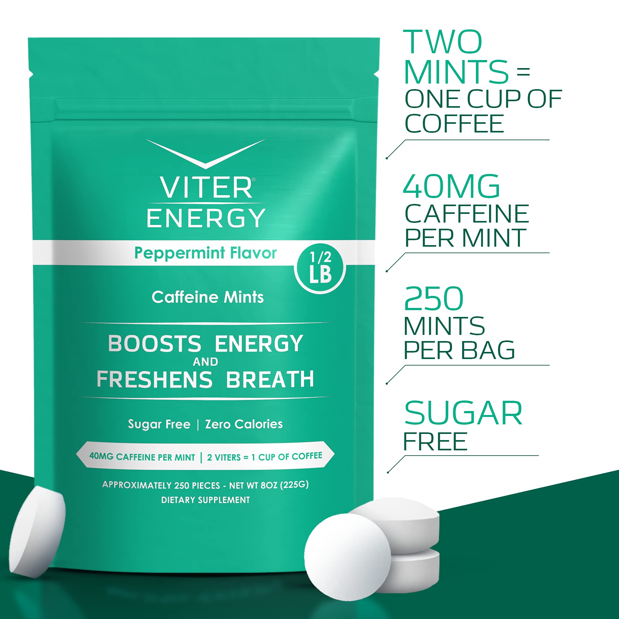 Viter Energy Caffeinated Mints - 40mg Caffeine Per Mint with B Vitamins, Sugar Free, Peppermint Flavor - 8oz Bulk Bag for Energy Boost at Work, Gym or Travel