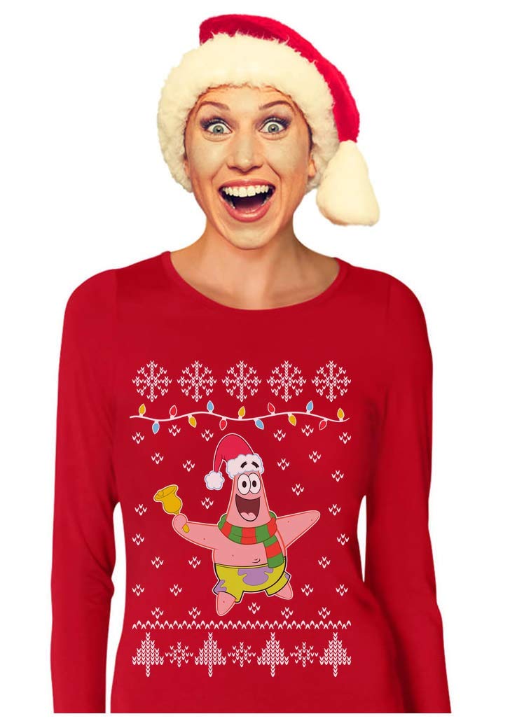 Official SpongeBob & Patrick Ugly Christmas Sweater Women's Long Sleeve T-Shirt - Funny Holiday Gift for Christmas Parties & Festive Family Gatherings