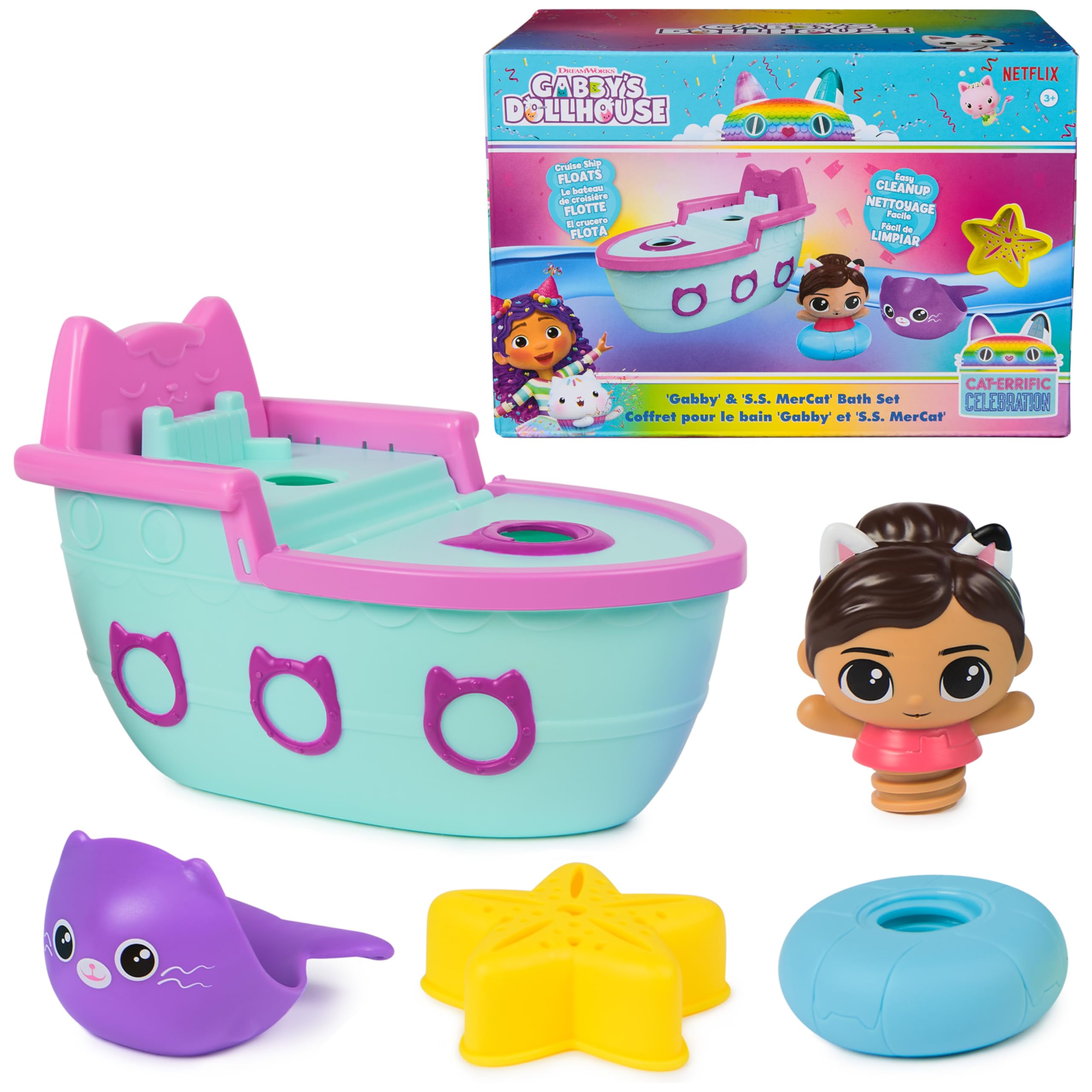 Gabby’s Dollhouse Floating Bath Toys Set - Gabby & SS Mercat Cruise Ship with Squirter for Toddlers, Fun Bath Time for Kids Ages 3+ | Perfect for Bathtub Play, Birthday Gifts & Preschool Learning