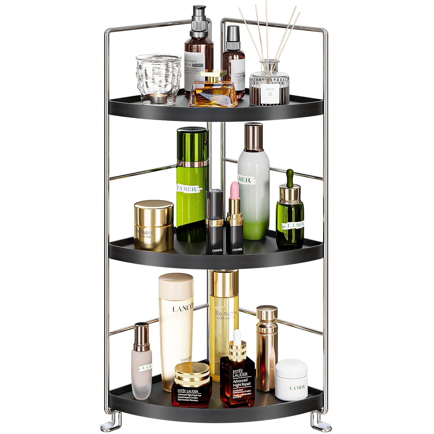 3-Tier Bathroom Corner Organizer - Black Countertop Vanity Shelf for Skincare & Makeup Storage - Space Saving Sink Organizer for Small Bathrooms - Perfect for Cosmetics, Toiletries, and Jewelry Organization