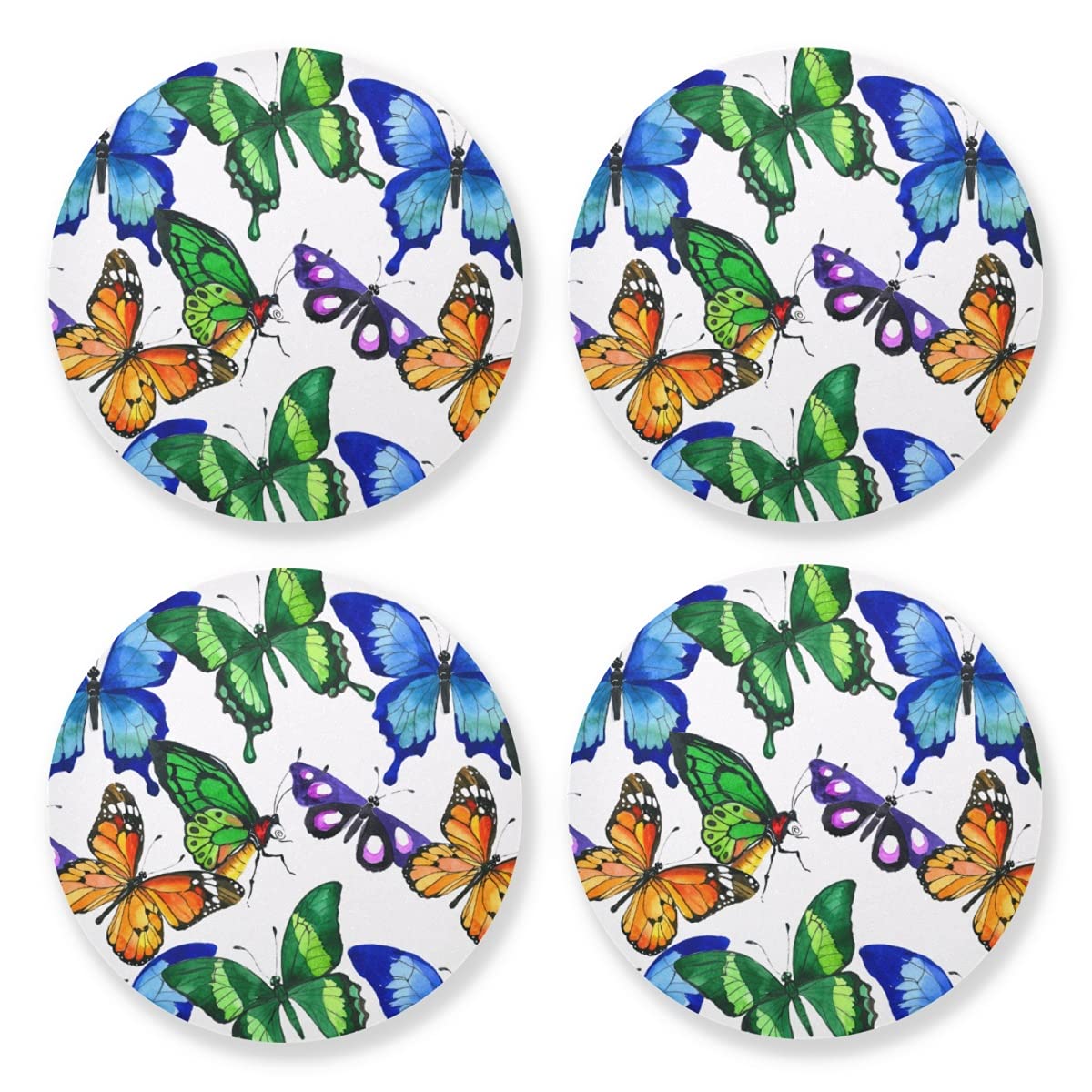 Exotic Butterfly Wooden Drink Coasters Set of 4 - Absorbent Natural Wood Cup Mats with Cork Backing - 4 Inch Round Coasters for Coffee, Tea, and Bar Table Decor - Perfect for Home, Office, and Restaurant Use