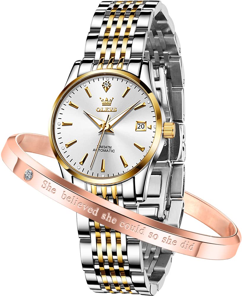 OLEVS Women's Automatic Self-Winding Mechanical Watch - Stainless Steel Case with Diamond Accents, Luminous Hands, Waterproof - Elegant Ladies Wristwatch for Business, Party & Everyday Wear